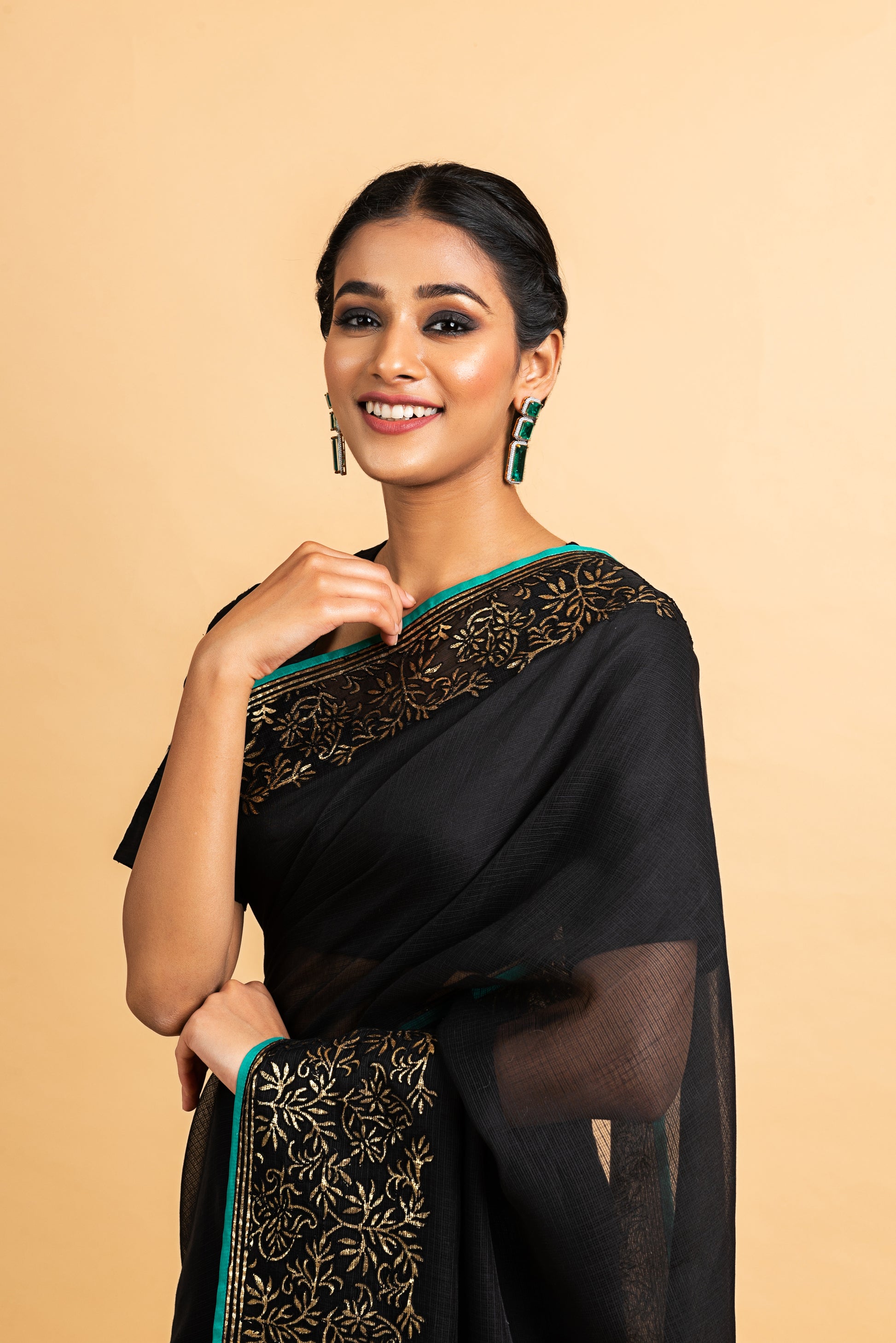 Kota Gold Foil Print With Dori Embroidery Leaf Jaal Saree - Black