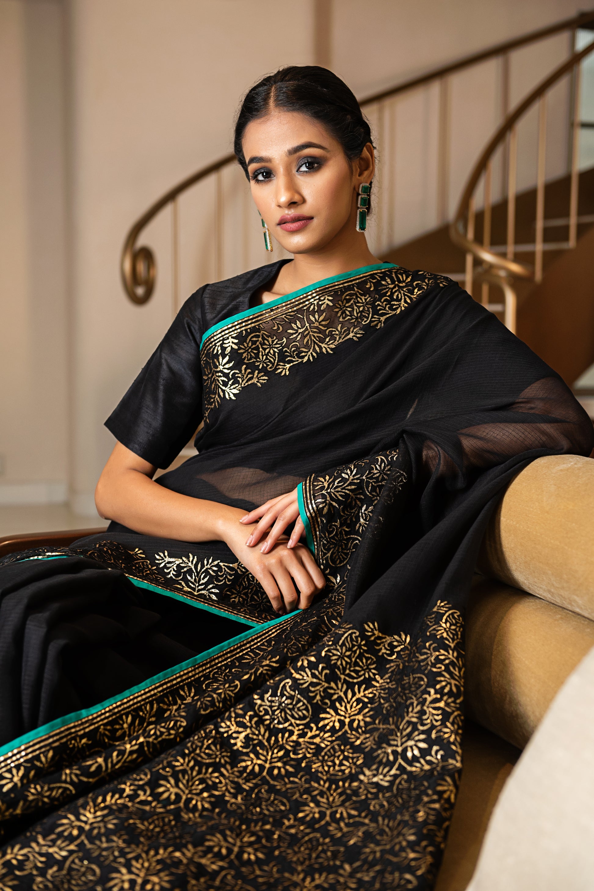 Kota Gold Foil Print With Dori Embroidery Leaf Jaal Saree - Black
