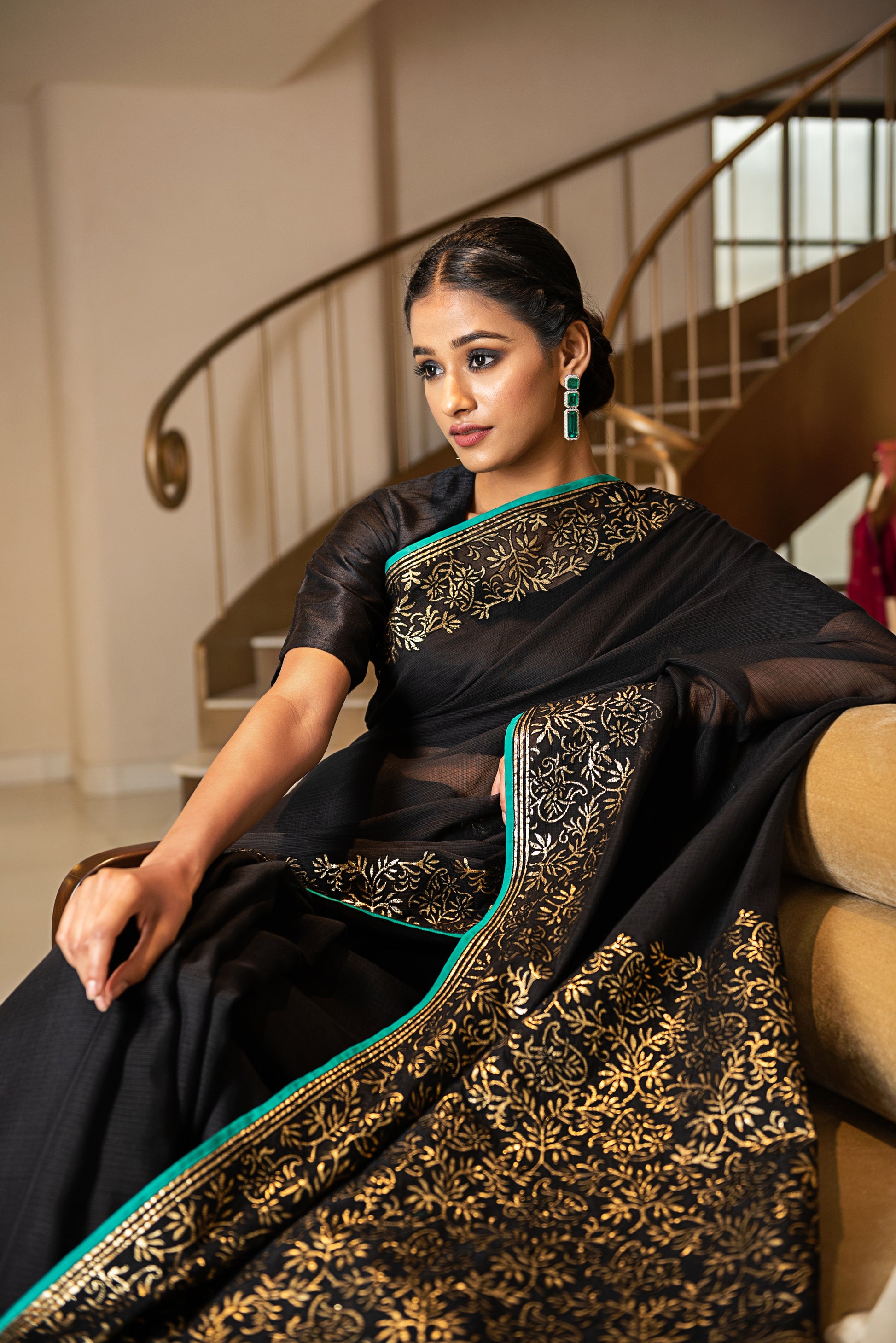 Kota Gold Foil Print With Dori Embroidery Leaf Jaal Saree - Black