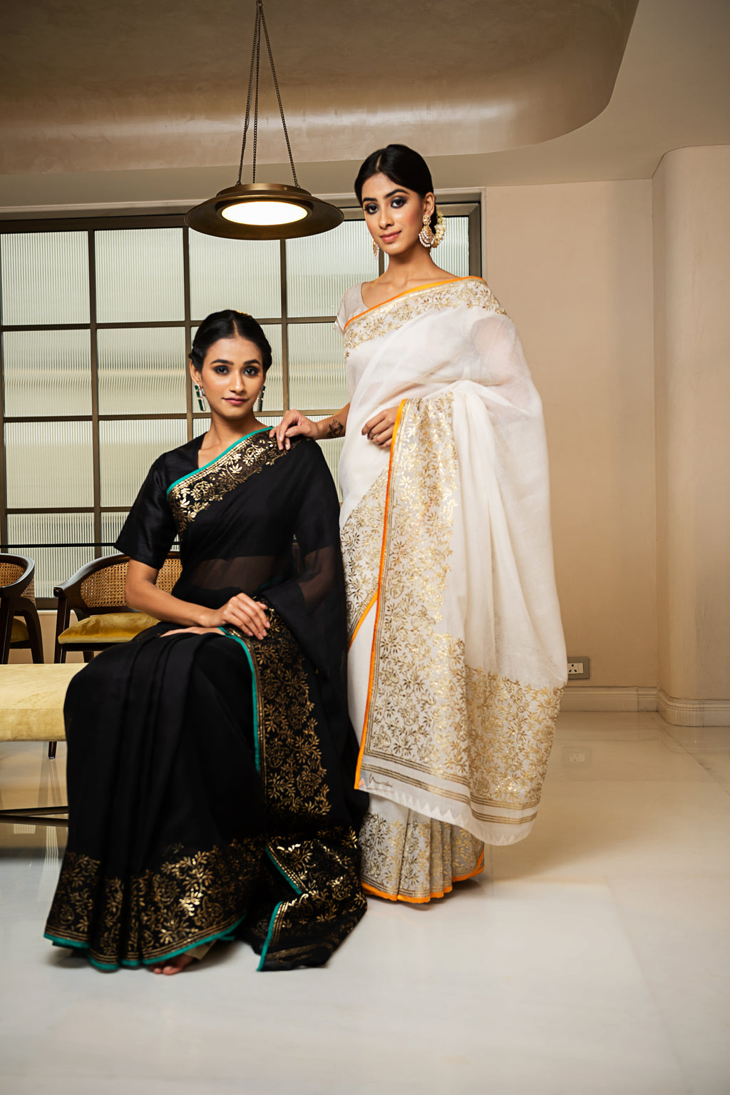 Kota Gold Foil Print With Dori Embroidery Leaf Jaal Saree - Off White