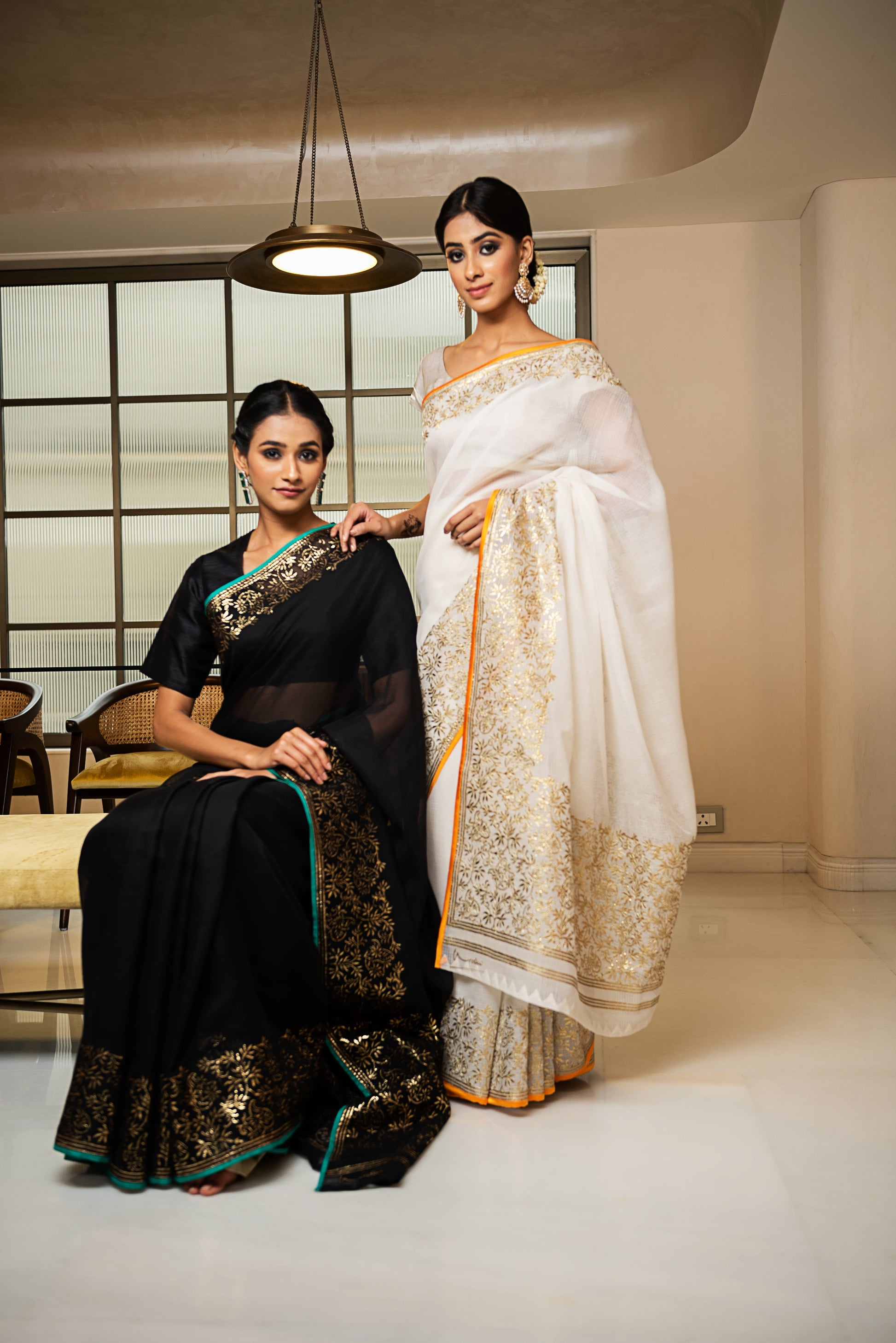 Kota Gold Foil Print With Dori Embroidery Leaf Jaal Saree - Off White