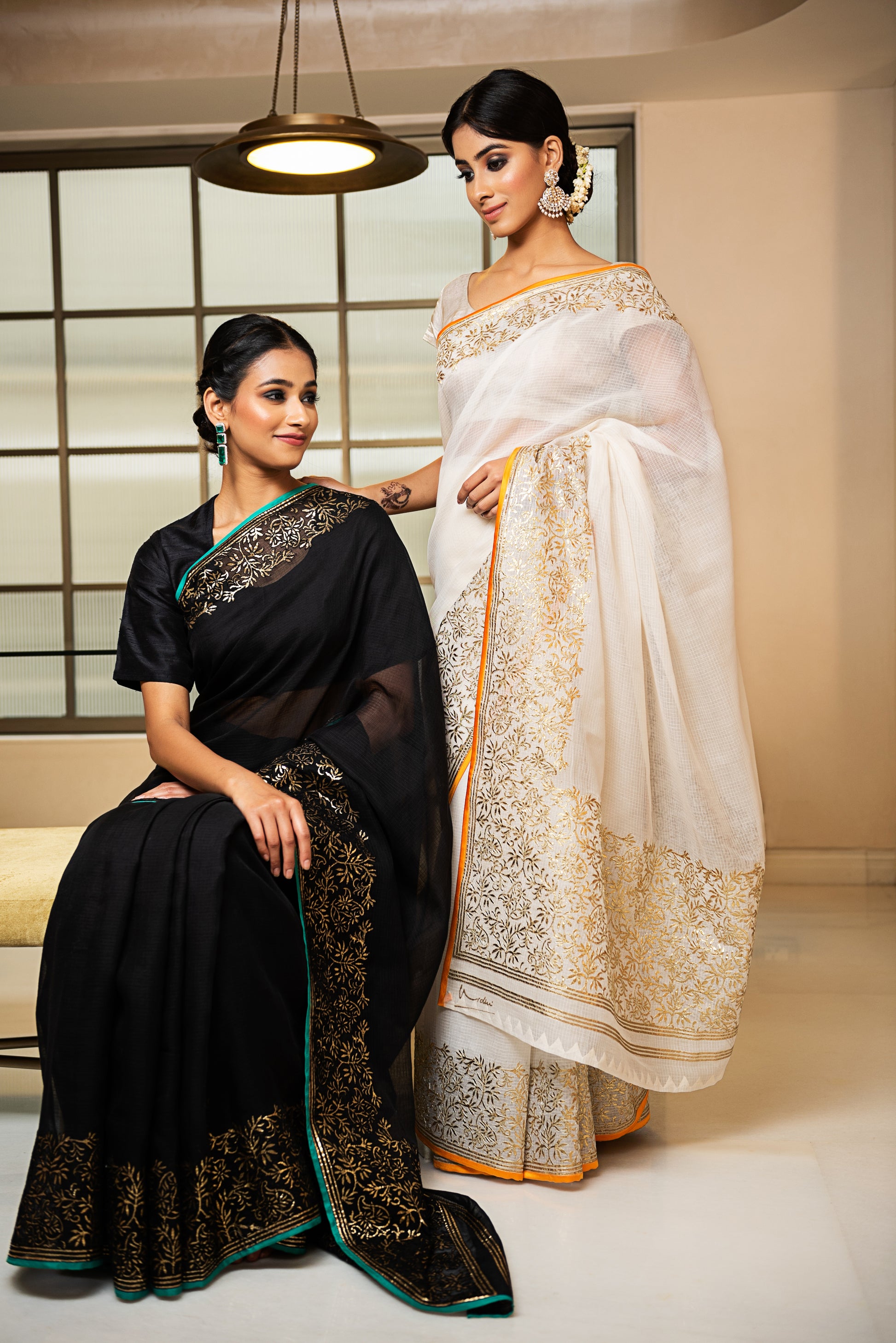 Kota Gold Foil Print With Dori Embroidery Leaf Jaal Saree - Off White