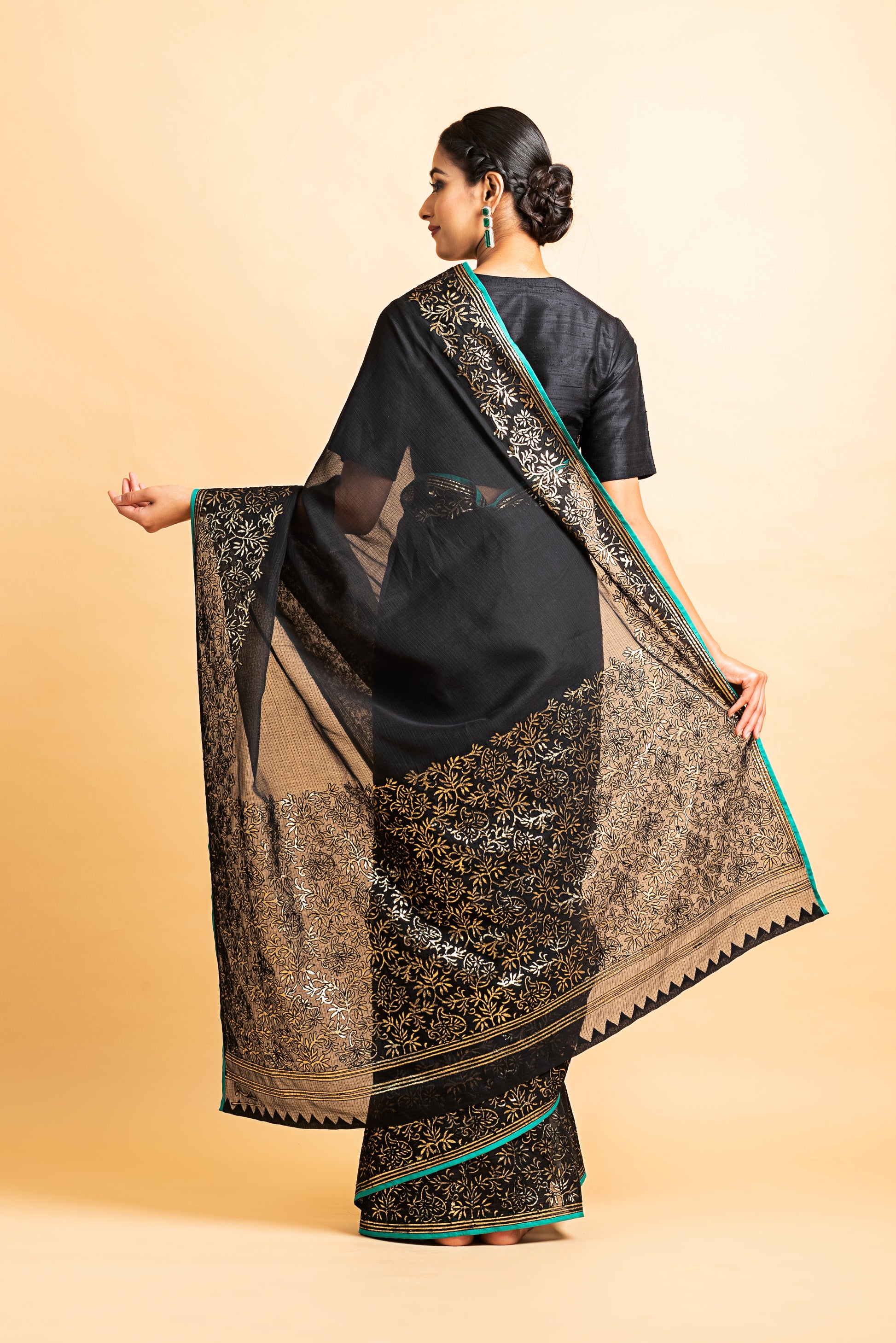 Kota Gold Foil Print With Dori Embroidery Leaf Jaal Saree - Black