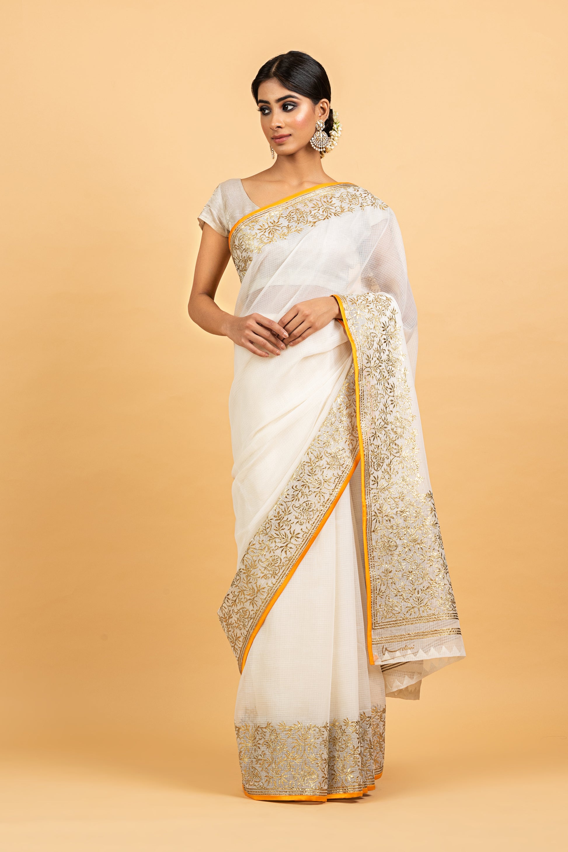 Kota Gold Foil Print With Dori Embroidery Leaf Jaal Saree - Off White