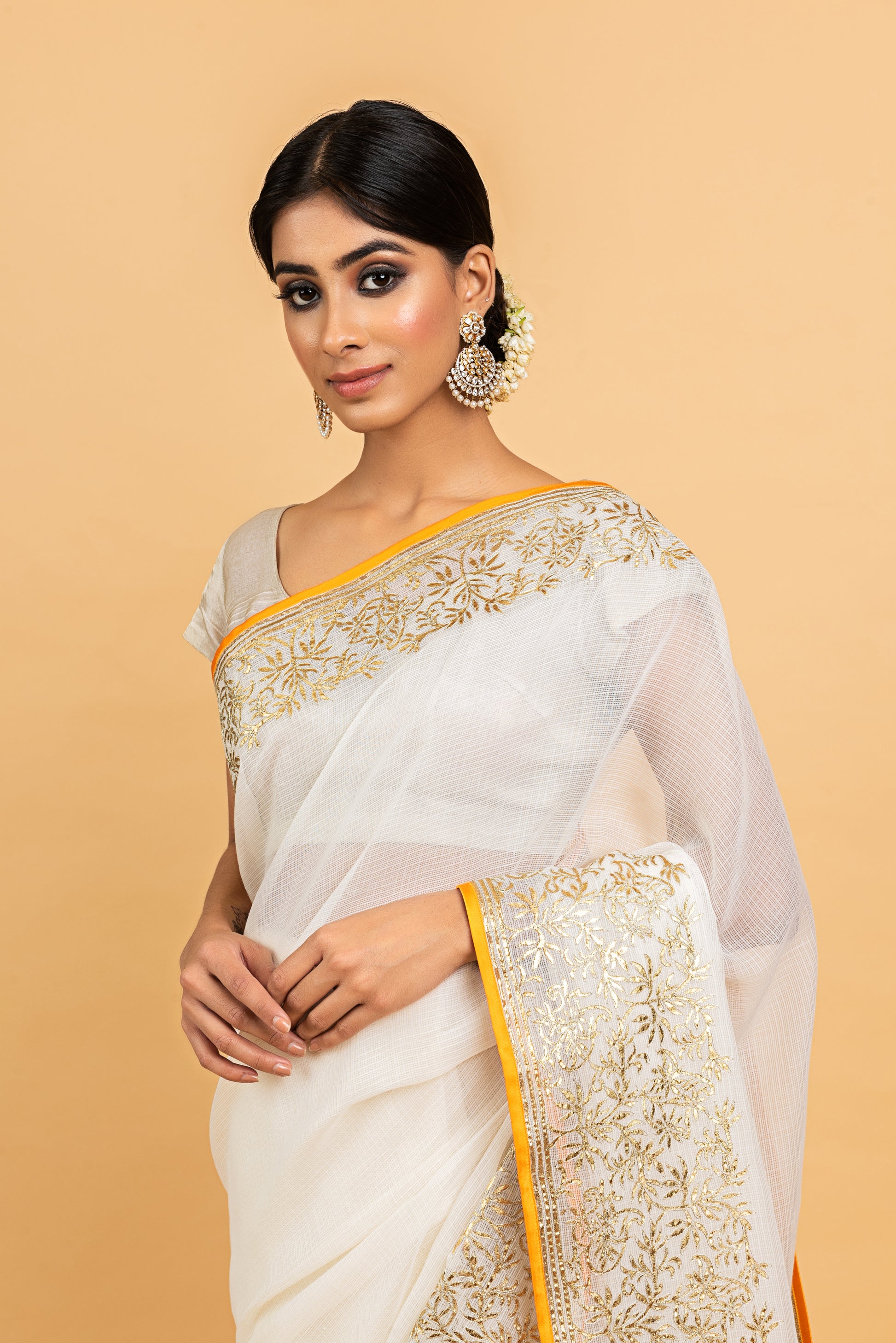 Kota Gold Foil Print With Dori Embroidery Leaf Jaal Saree - Off White