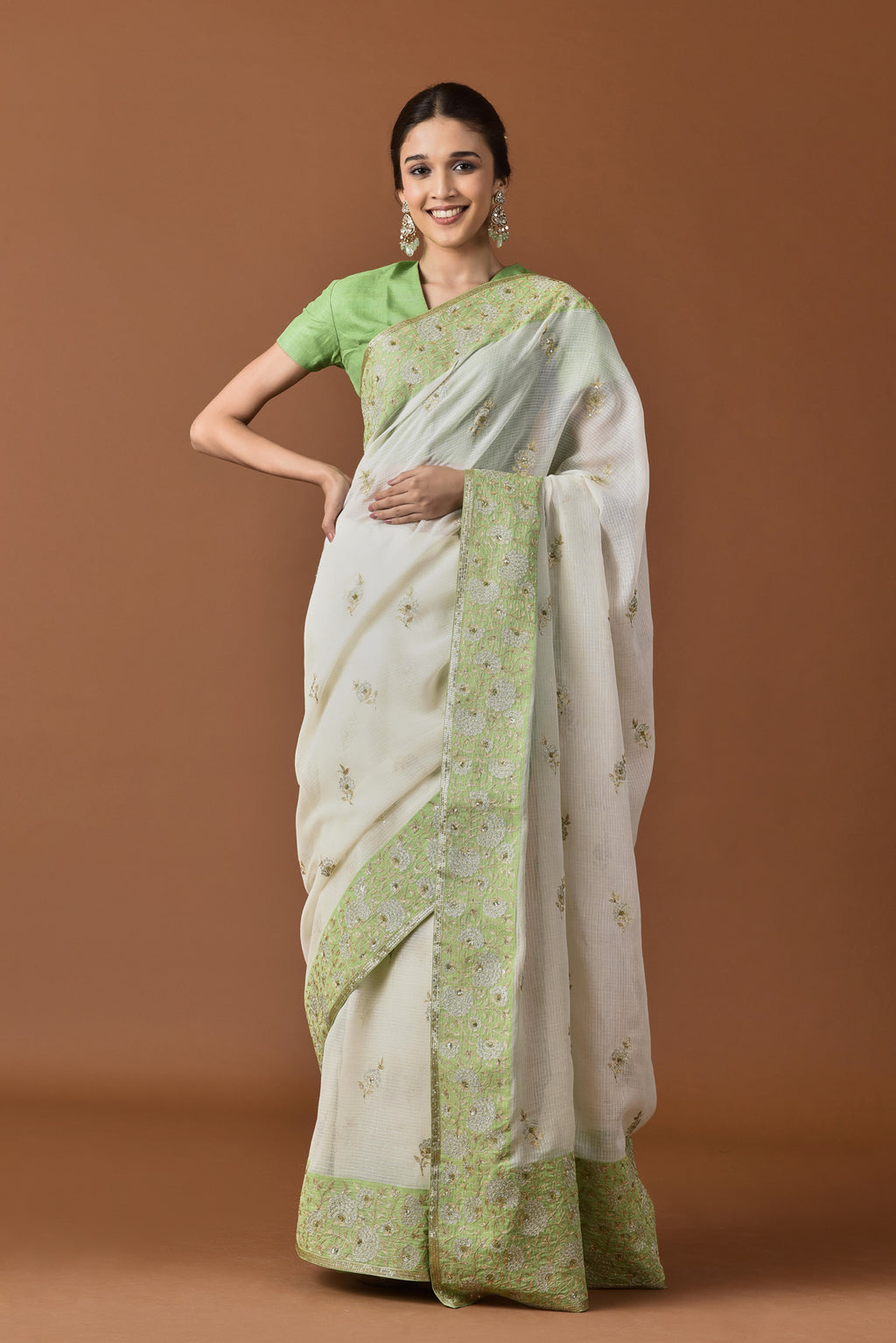 Kota Aari and Sequence Flower Border Buti Embroidery Saree - Light Green