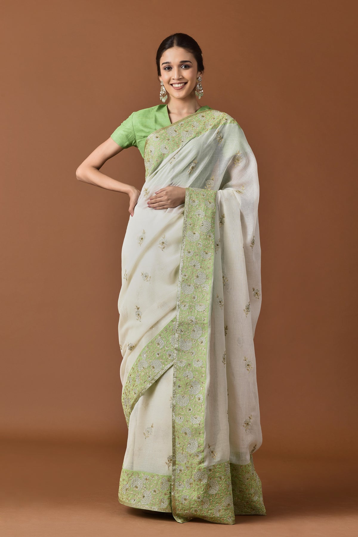 Kota Aari and Sequence Flower Border Buti Embroidery Saree - Light Green