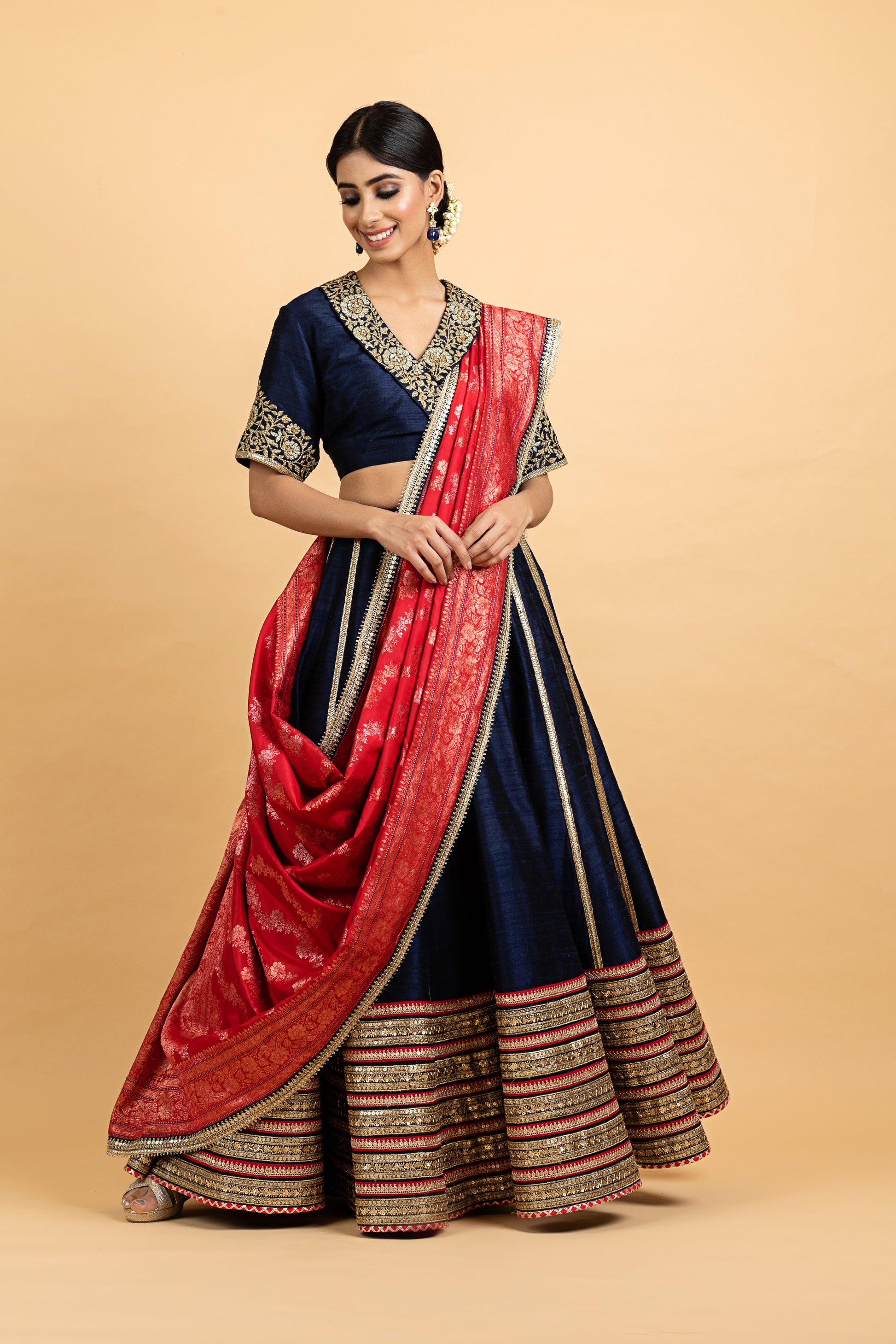 Dupion Silk Lehenga Gulbahar Jaal with Embroidery Lehenga Set - Indigo