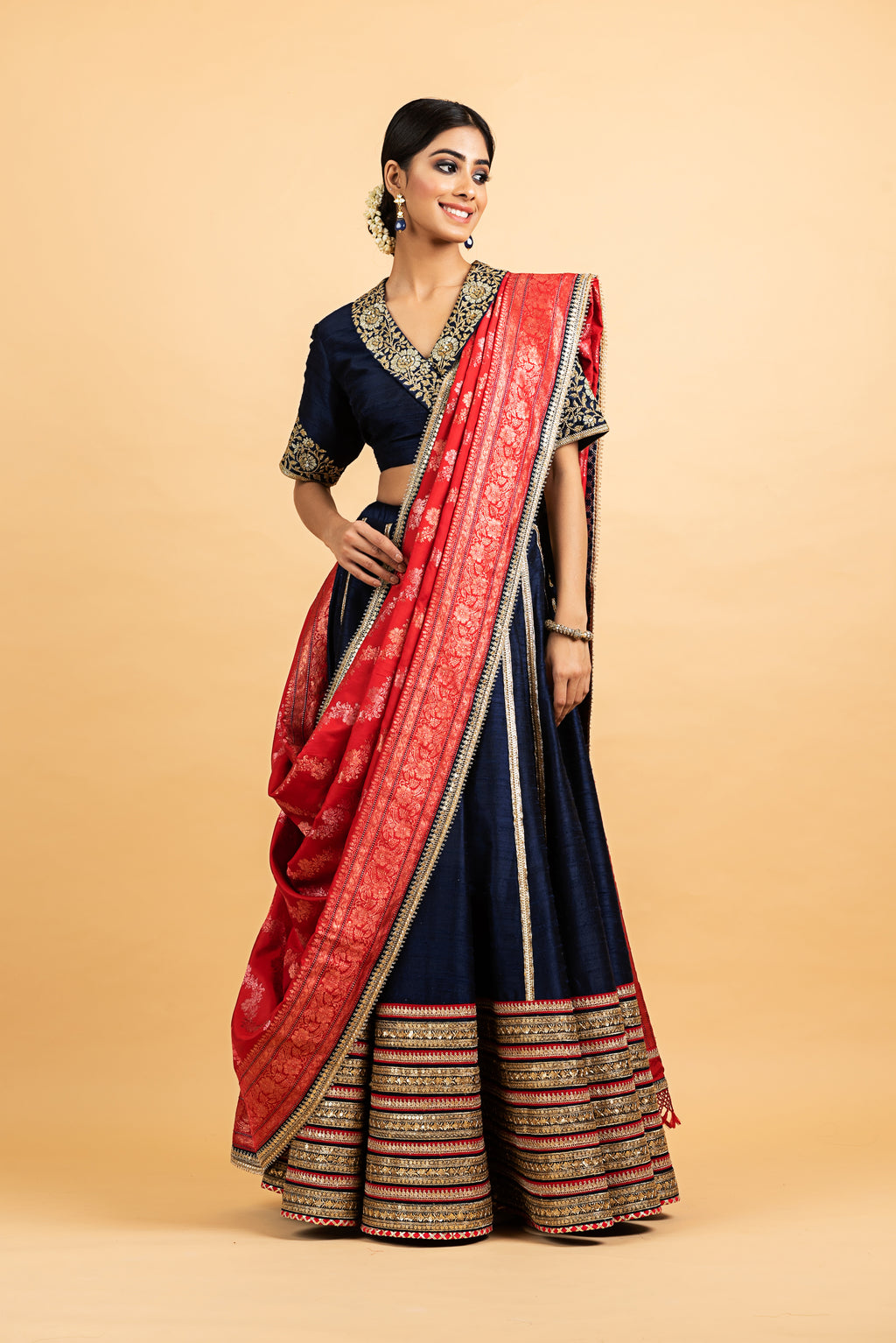 Dupion Silk Lehenga Gulbahar Jaal with Embroidery Lehenga Set - Indigo