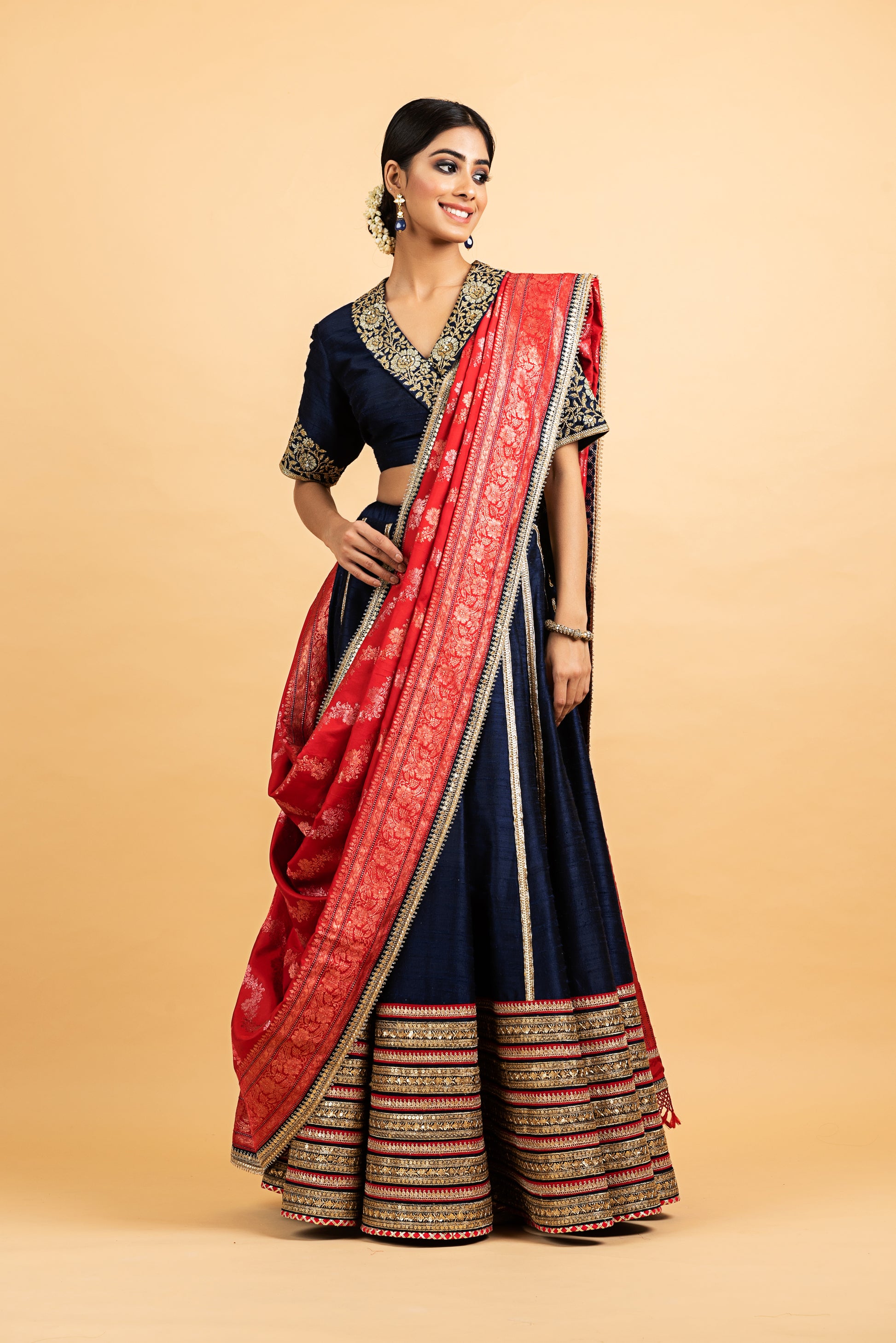 Dupion Silk Lehenga Gulbahar Jaal with Embroidery Lehenga Set - Indigo