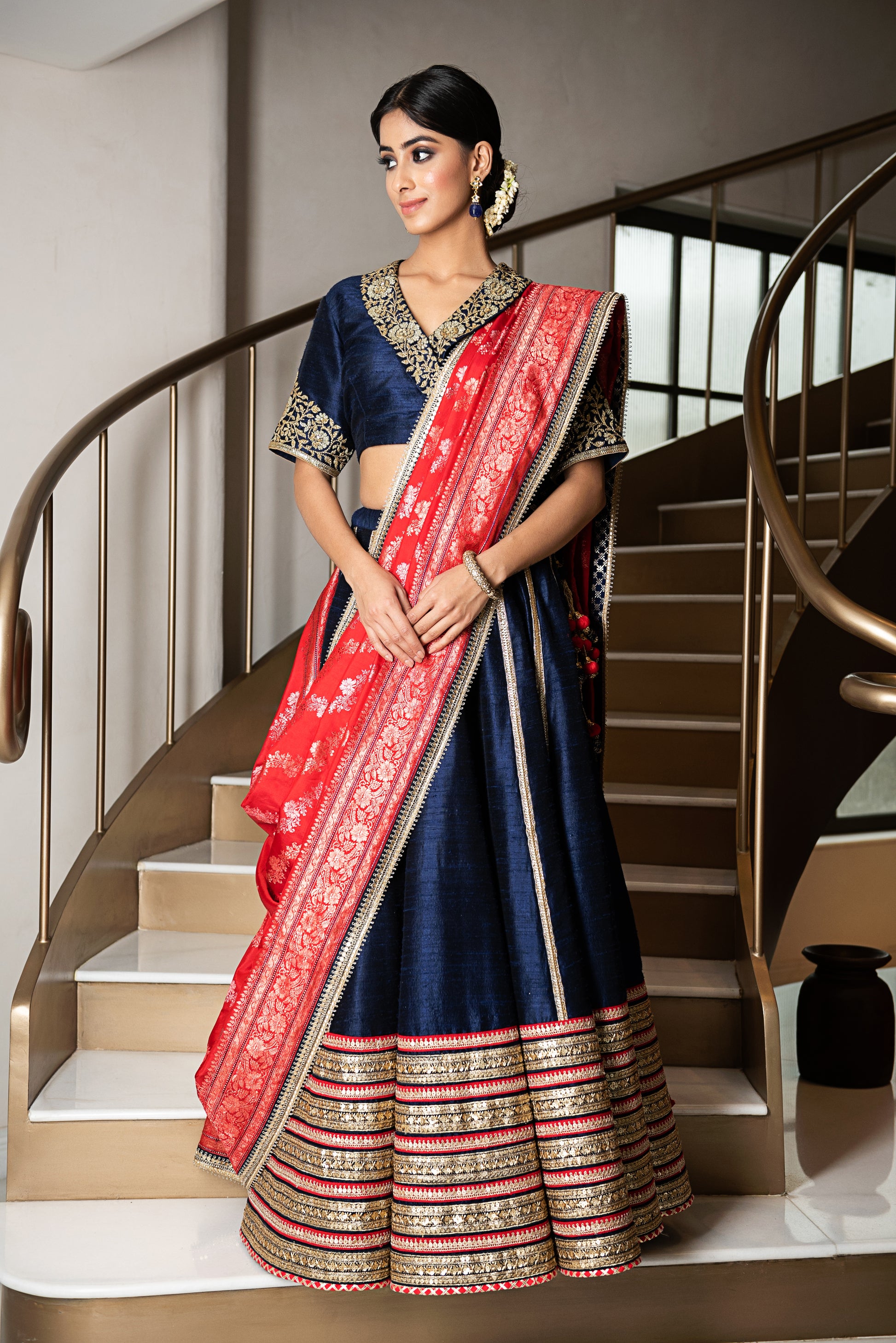 Dupion Silk Lehenga Gulbahar Jaal with Embroidery Lehenga Set - Indigo