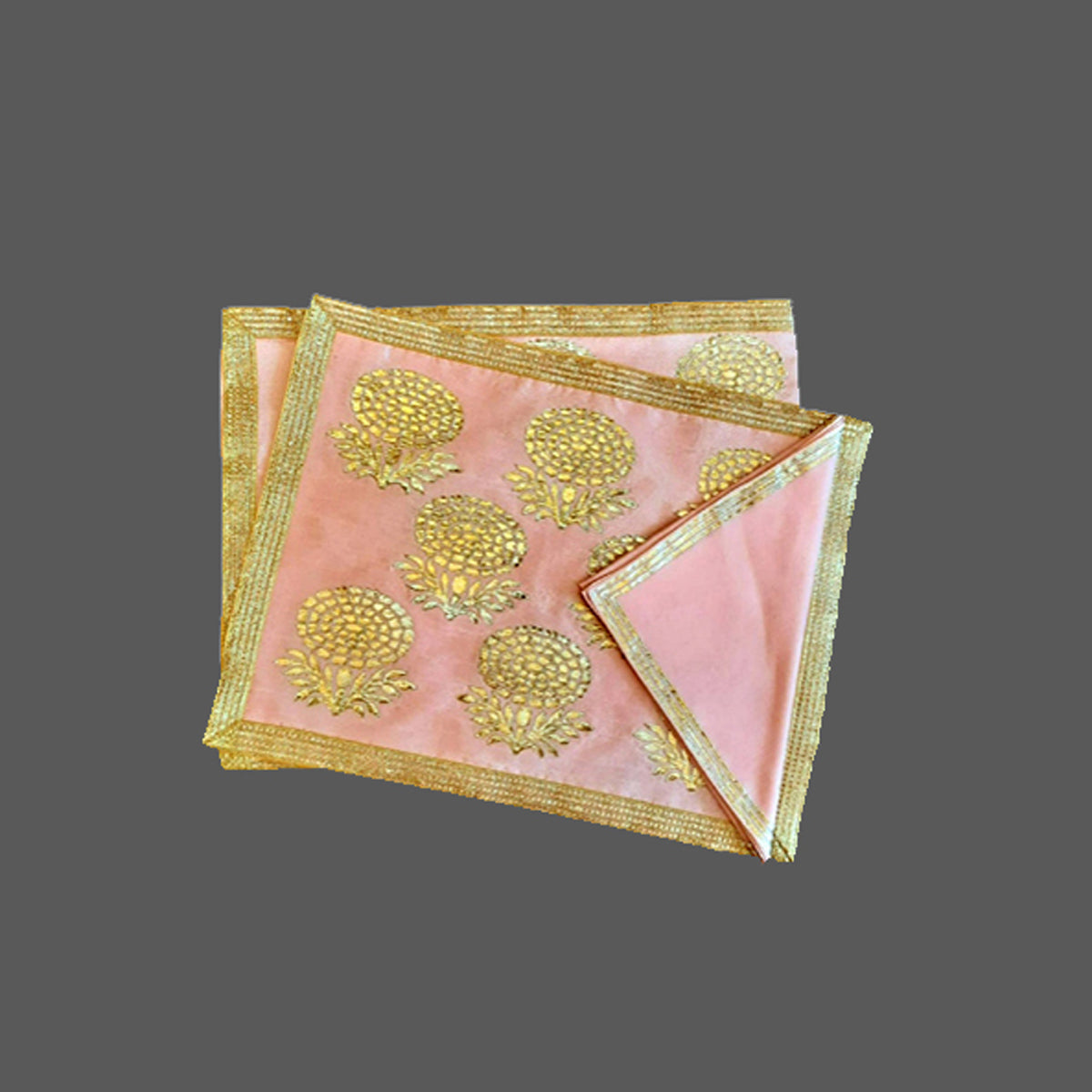 Dupion Silk Marigold Khadi Print with Embroidery Mat Set