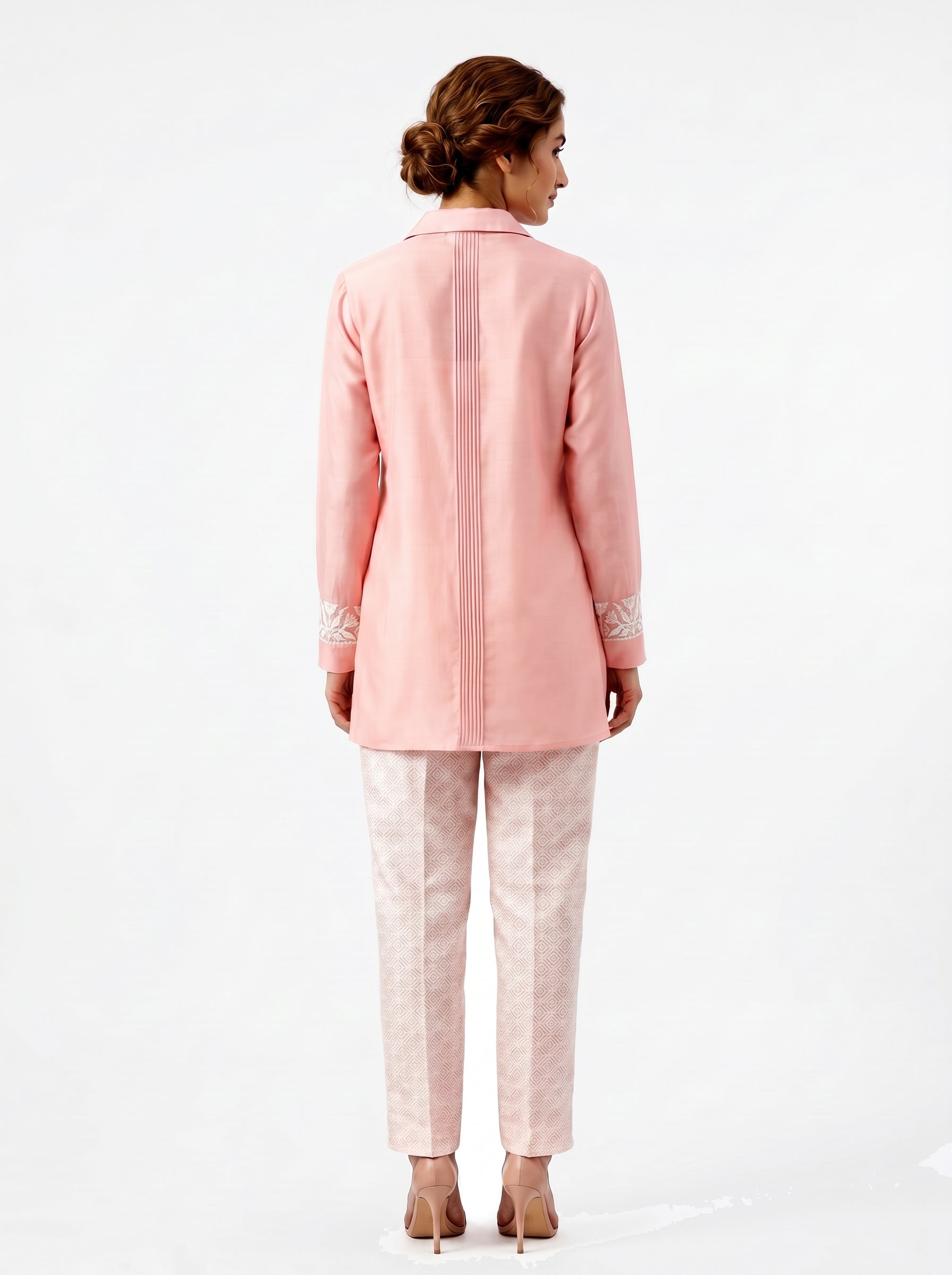 Chanderi Geometric Tulip Border Applique Embroidery Shirt & Printed Cotton Silk Trouser Co-ord Set – Light Pink & Off White | Women's Designer Ethnic Wear