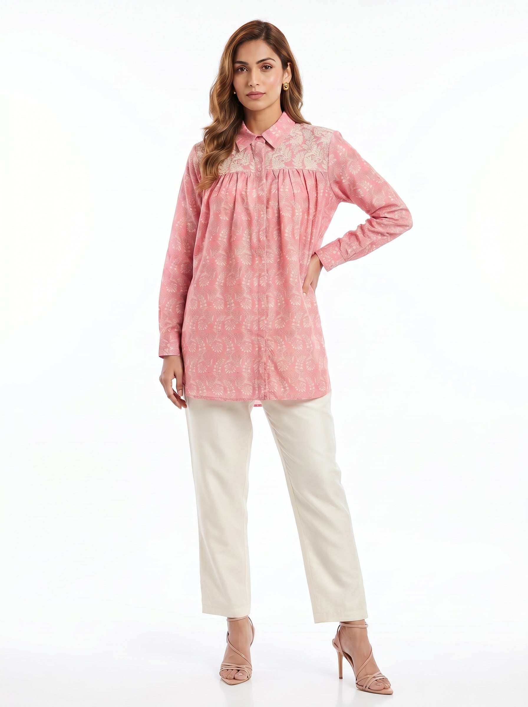 Chanderi Rajnigandha Gadh Jaal Print Shirt with Dori Embroidery Yoke & Cotton Silk Trouser Co-ord Set – Light Pink & Off White | Women's Designer Ethnic Wear
