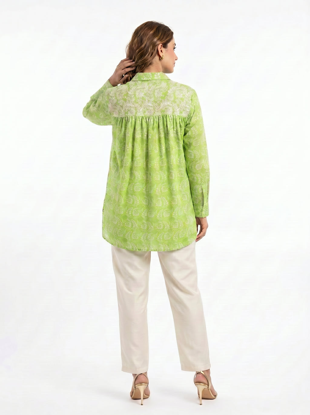 Chanderi Rajnigandha Gadh Jaal Print Shirt with Dori Embroidery Yoke & Cotton Silk Trouser Co-ord Set – Light Green & Off White | Women's Designer Ethnic Wear