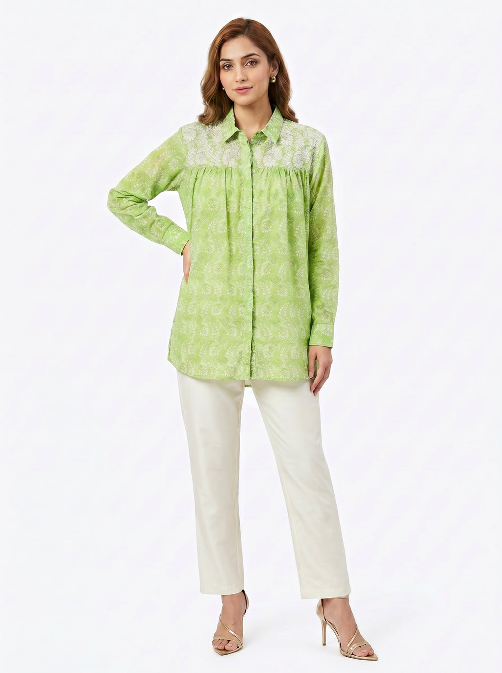 Chanderi Rajnigandha Gadh Jaal Print Shirt with Dori Embroidery Yoke & Cotton Silk Trouser Co-ord Set – Light Green & Off White | Women's Designer Ethnic Wear