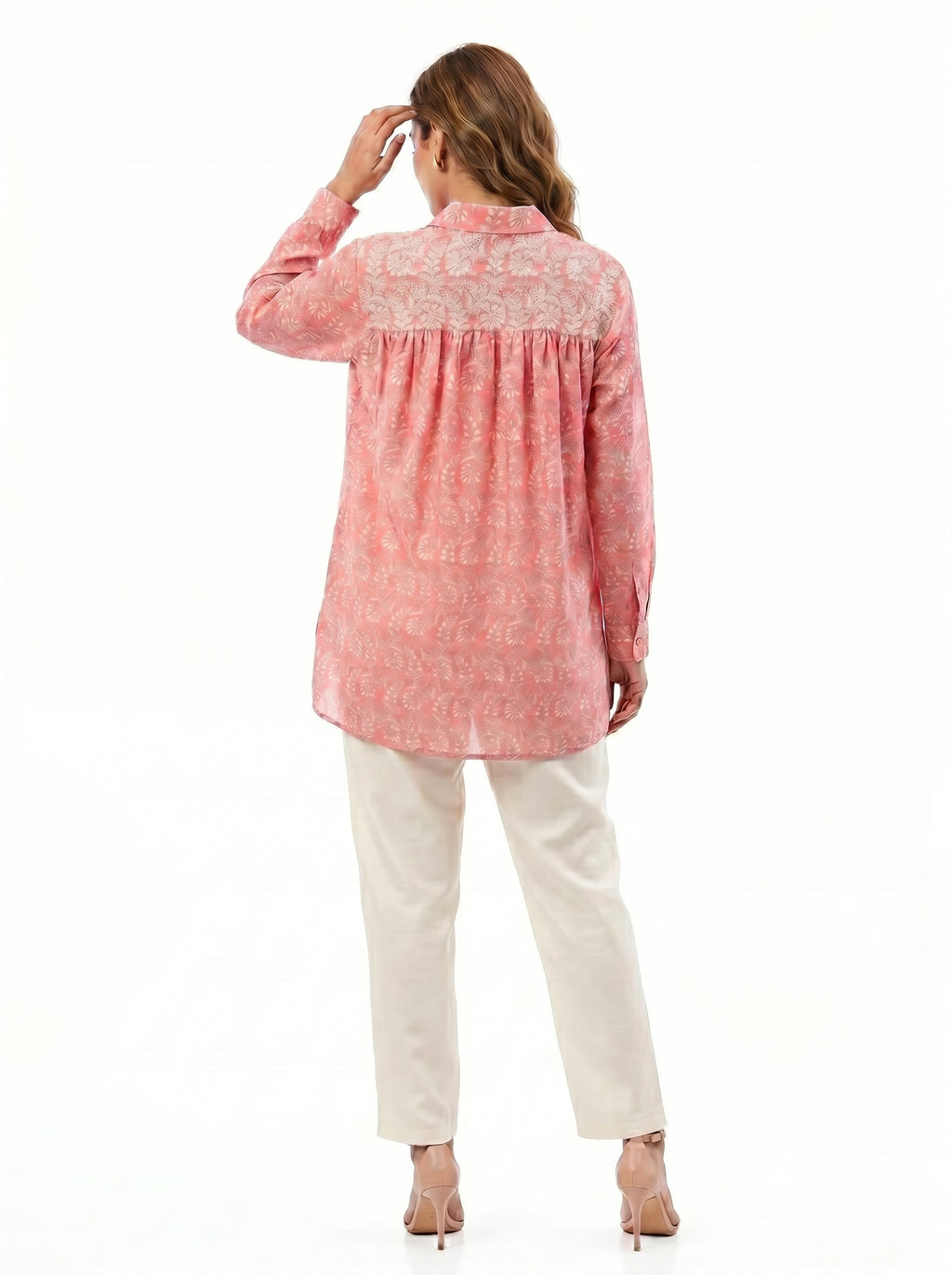 Chanderi Rajnigandha Gadh Jaal Print Shirt with Dori Embroidery Yoke & Cotton Silk Trouser Co-ord Set – Light Pink & Off White | Women's Designer Ethnic Wear
