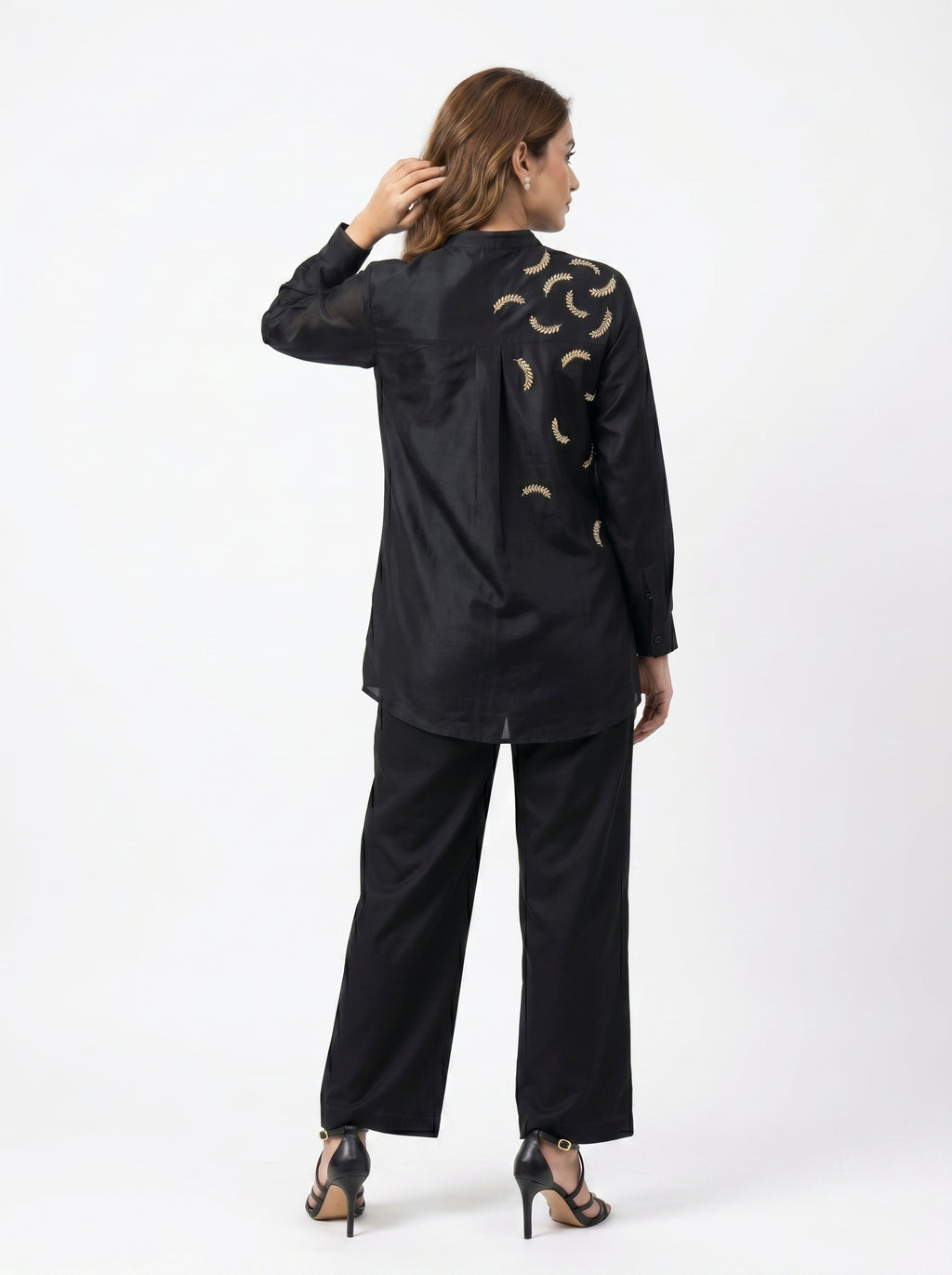 Chanderi Sequin Pearl Leaf Embroidery Shirt & Cotton Silk Trouser Co-ord Set – Black | Women's Designer Ethnic Wear
