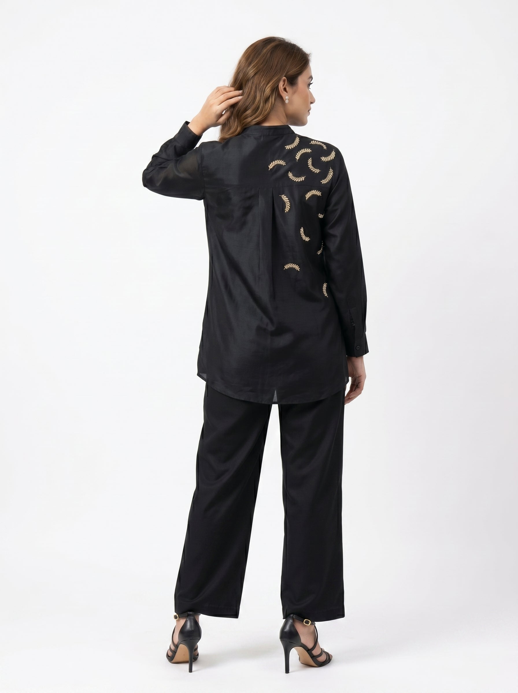Chanderi Sequin Pearl Leaf Embroidery Shirt & Cotton Silk Trouser Co-ord Set – Black | Women's Designer Ethnic Wear