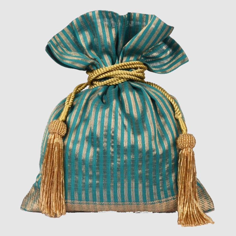 Dupion Silk Gold Zari Stripe Potli - Green
