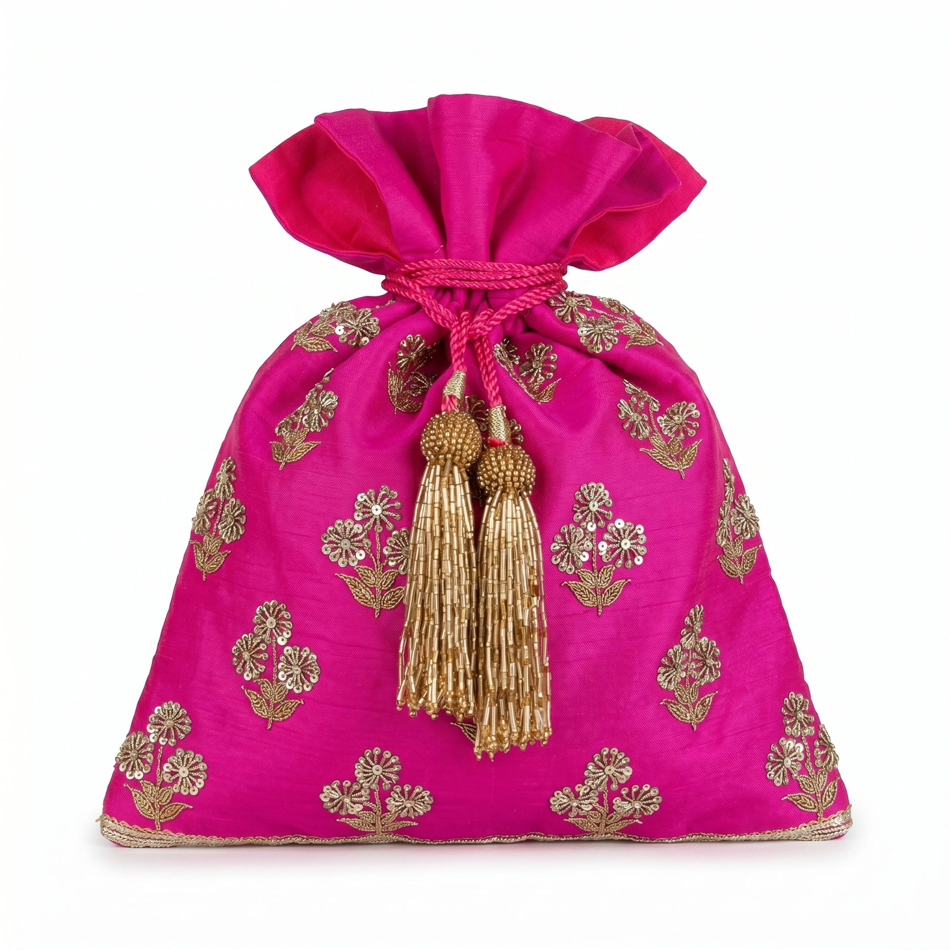Dupion Silk Asharfi Flower Buti Embroidery Potli - Magenta