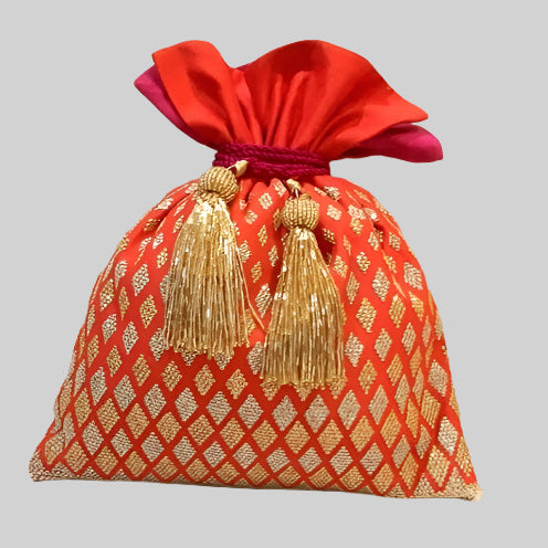 Dupion Silk Graded Diamond Embroidery Potli - Red