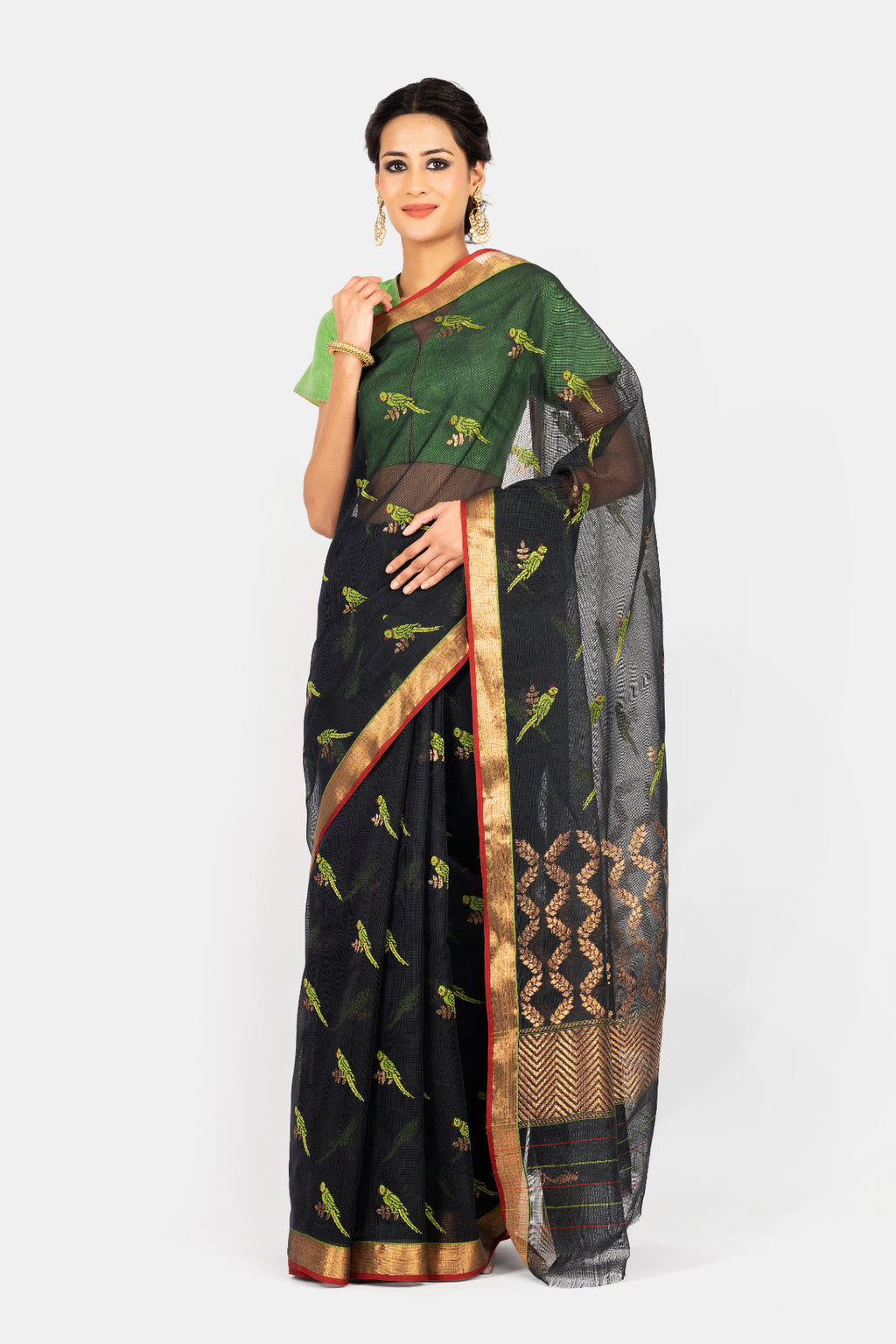 Kota Cotton Small Parrot Jaal Black Saree