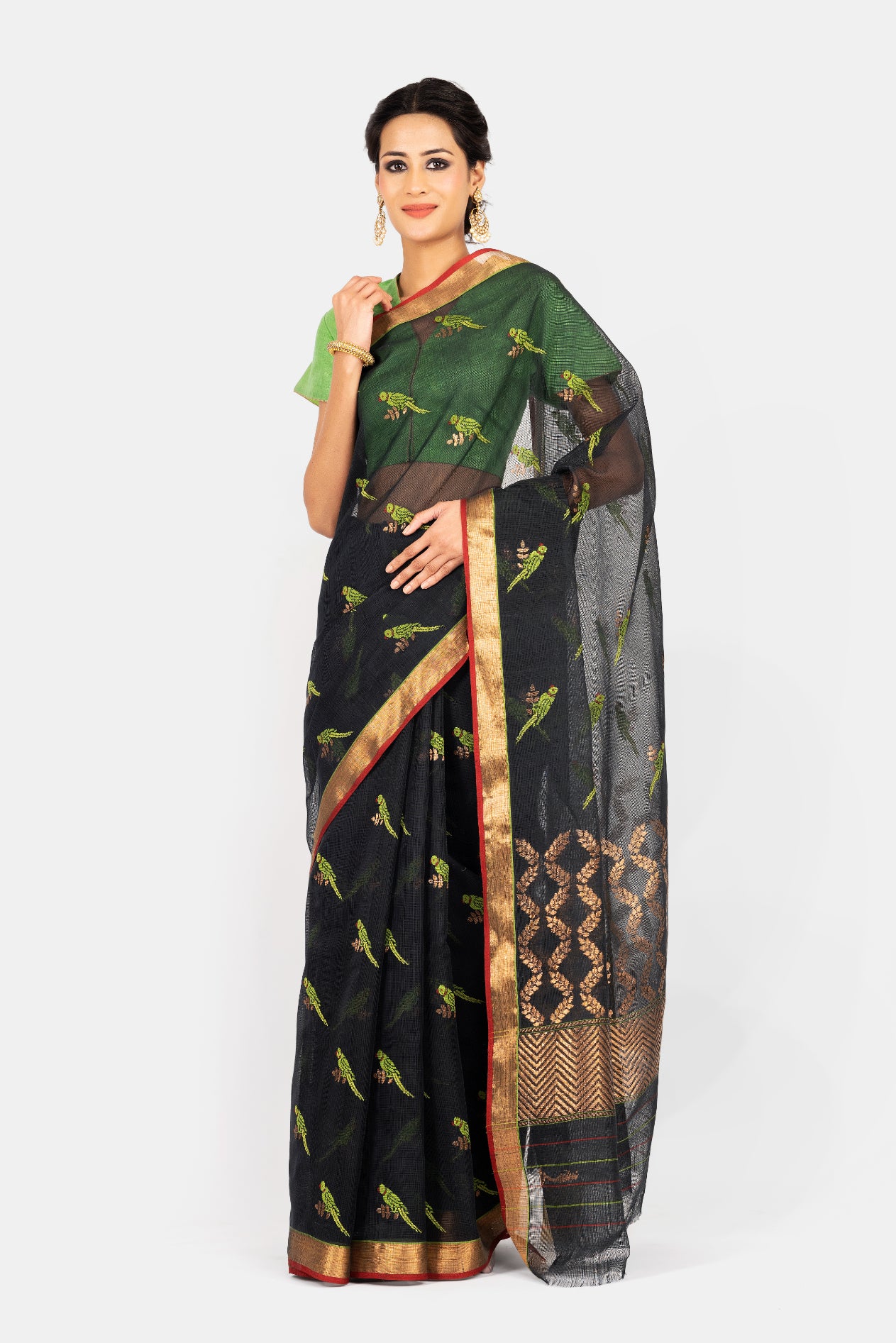 Kota Cotton Small Parrot Jaal Black Saree
