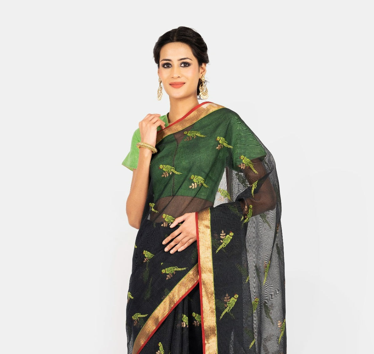 Kota Cotton Small Parrot Jaal Black Saree