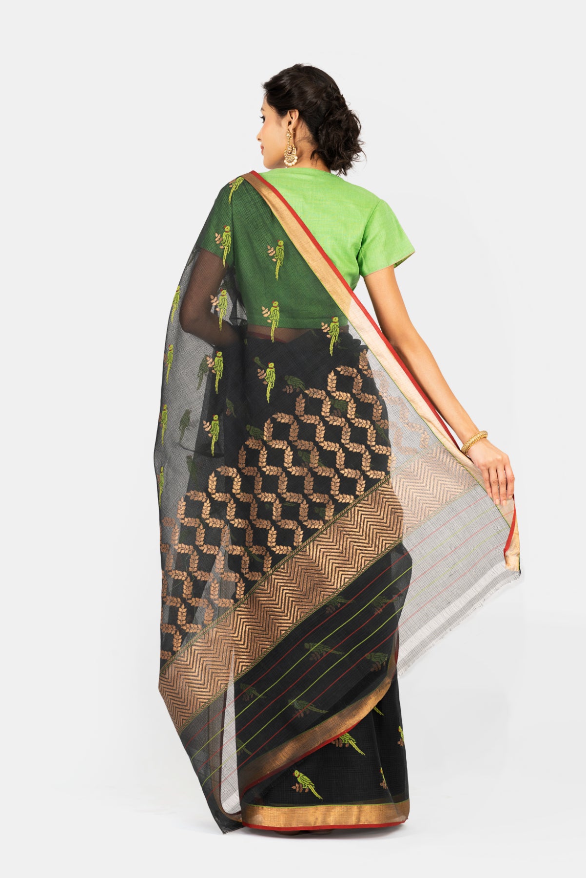 Kota Cotton Small Parrot Jaal Black Saree