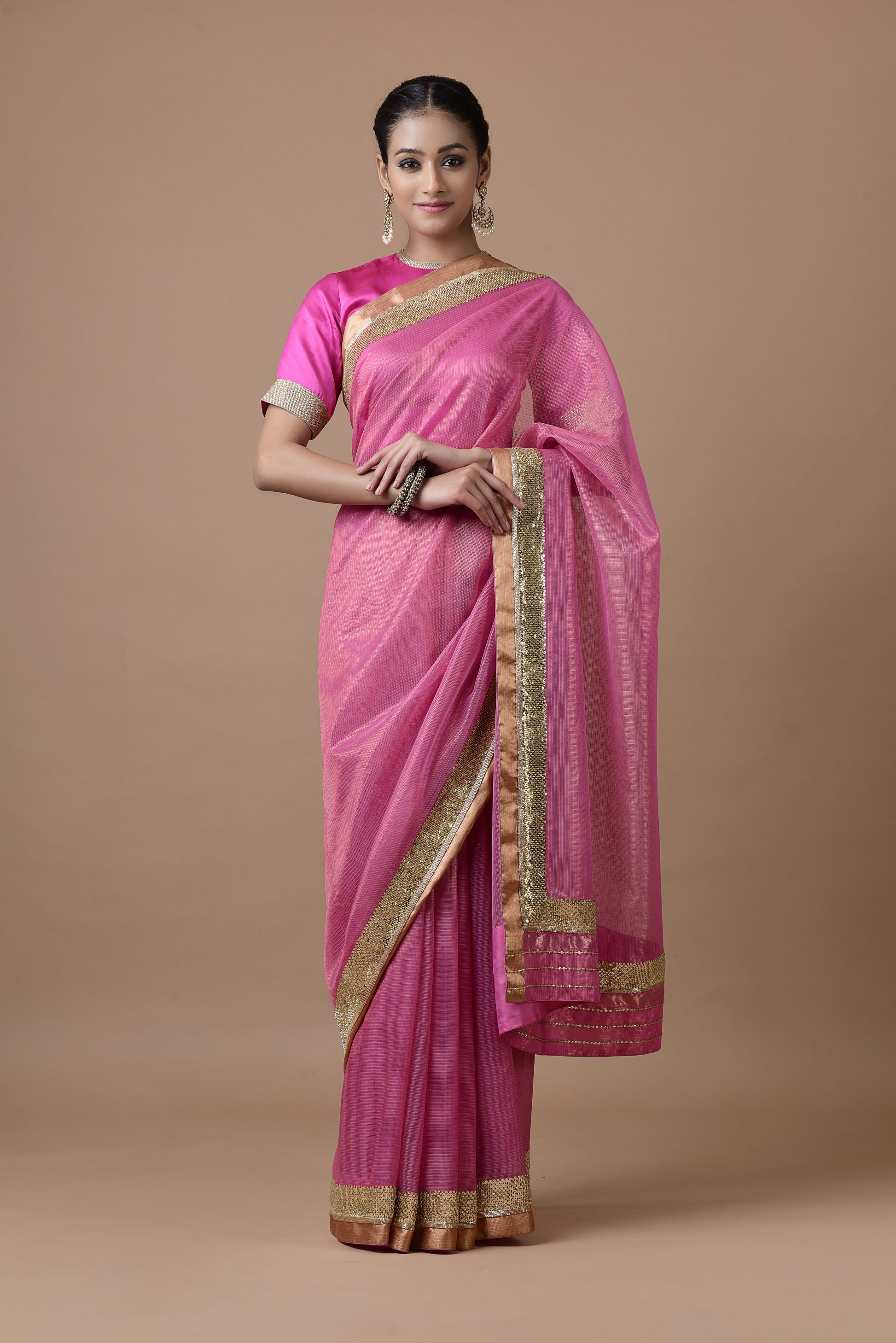 Kota Tissue Sequins Cutdana Border Embroidery Saree