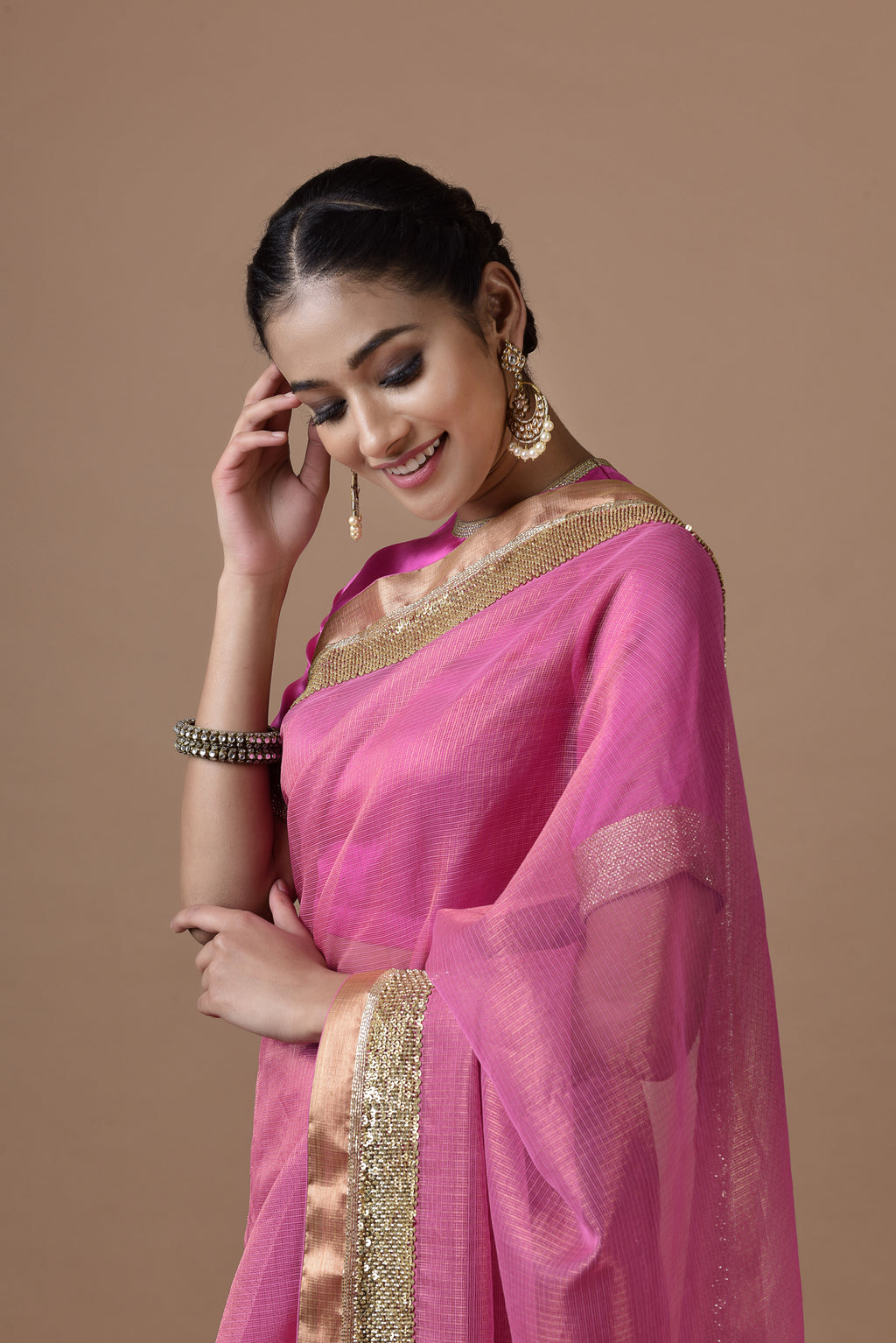 Kota Tissue Sequins Cutdana Border Embroidery Saree