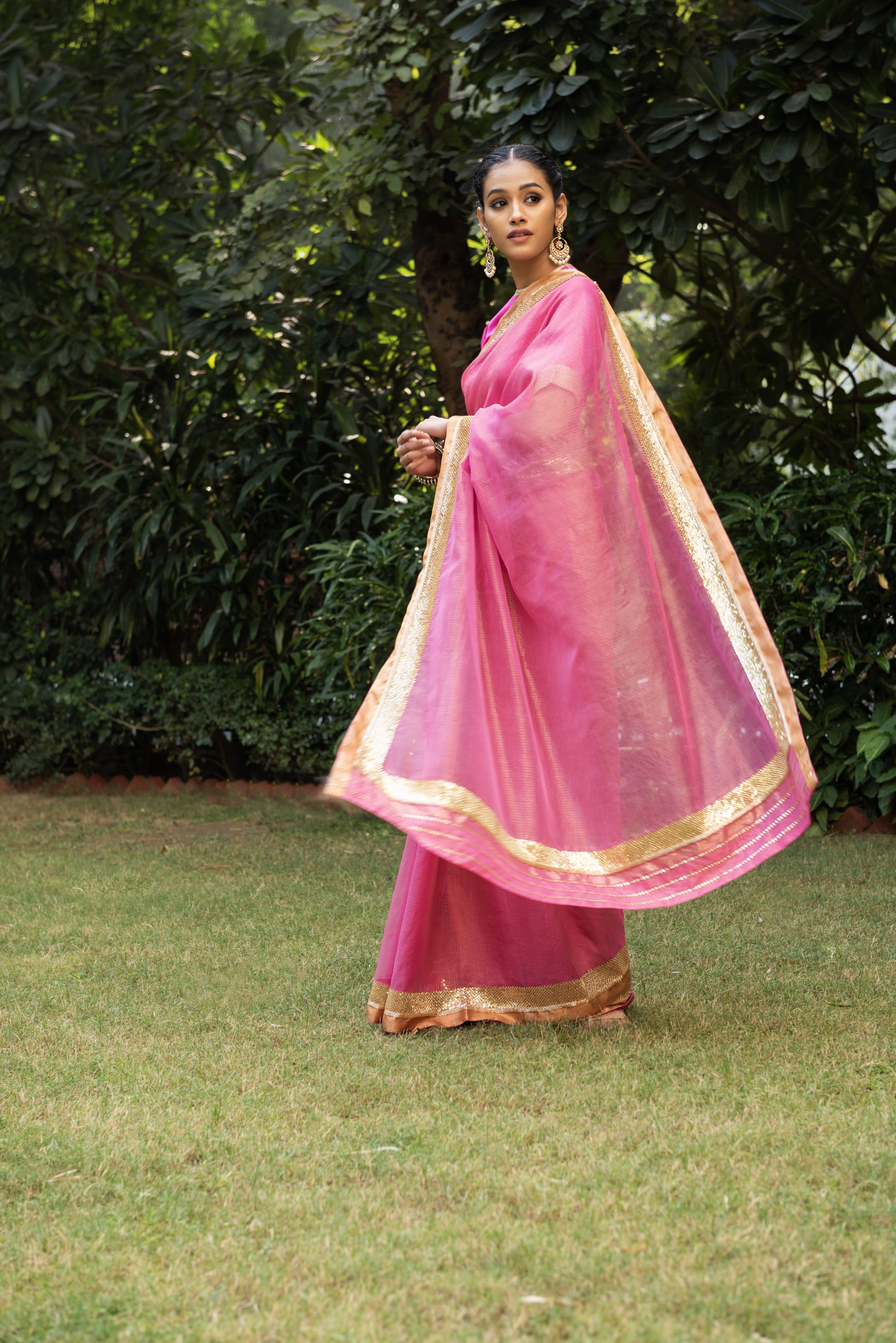 Kota Tissue Sequins Cutdana Border Embroidery Saree