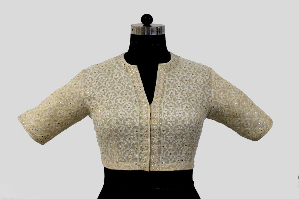 Tissue Chanderi Chikankari Pankha Jaal Off White Blouse