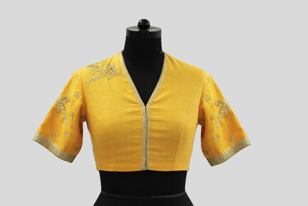 Dupion Silk Parrot With Leaf Buti Yellow Blouse