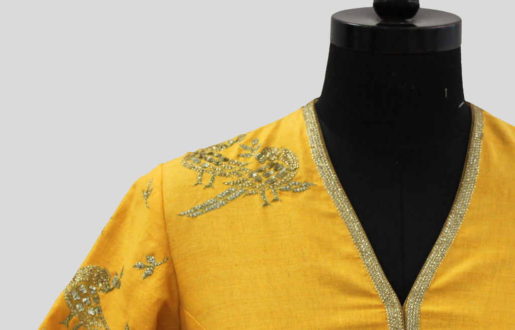 Dupion Silk Parrot With Leaf Buti Yellow Blouse
