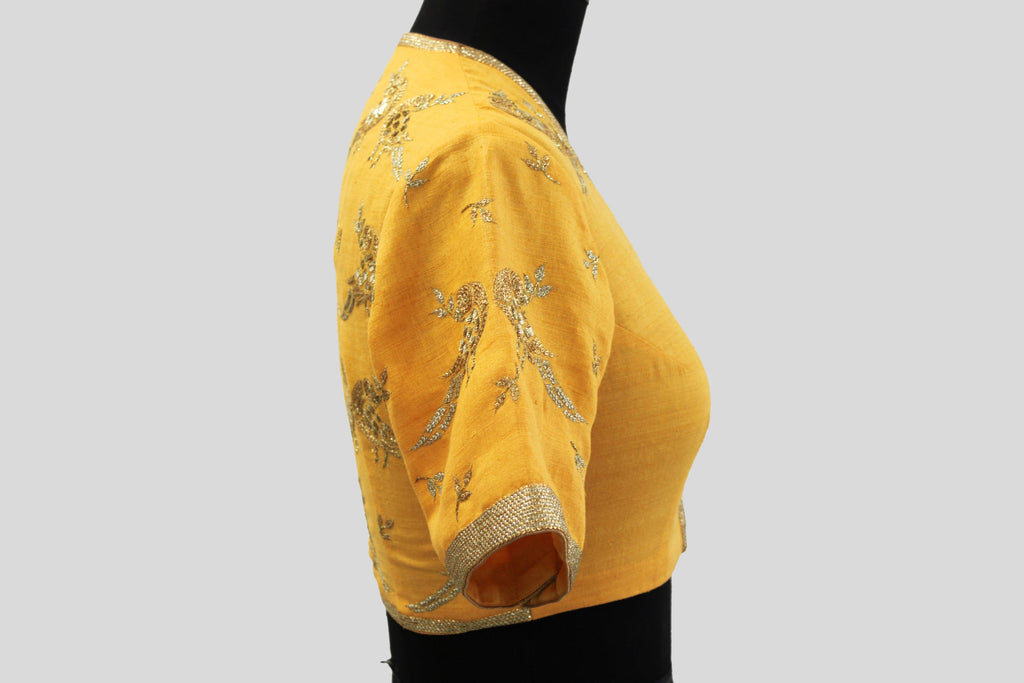 Dupion Silk Parrot With Leaf Buti Yellow Blouse