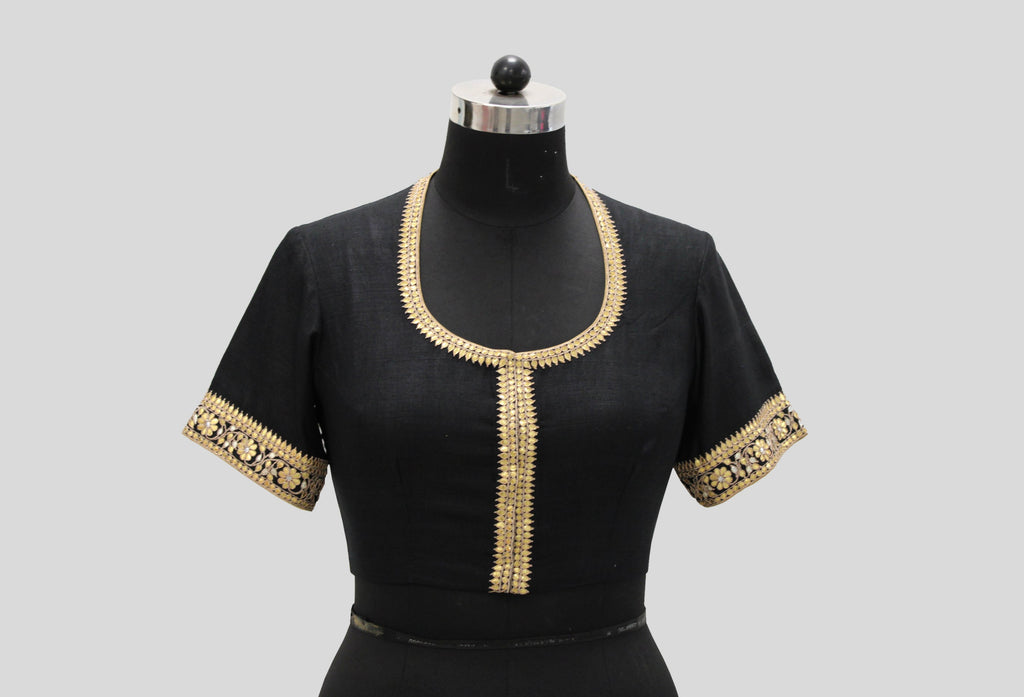 Dupion Silk Gota Patti Phool Design Black Blouse