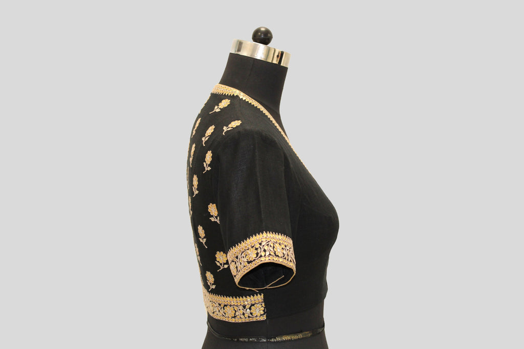 Dupion Silk Gota Patti Phool Design Black Blouse