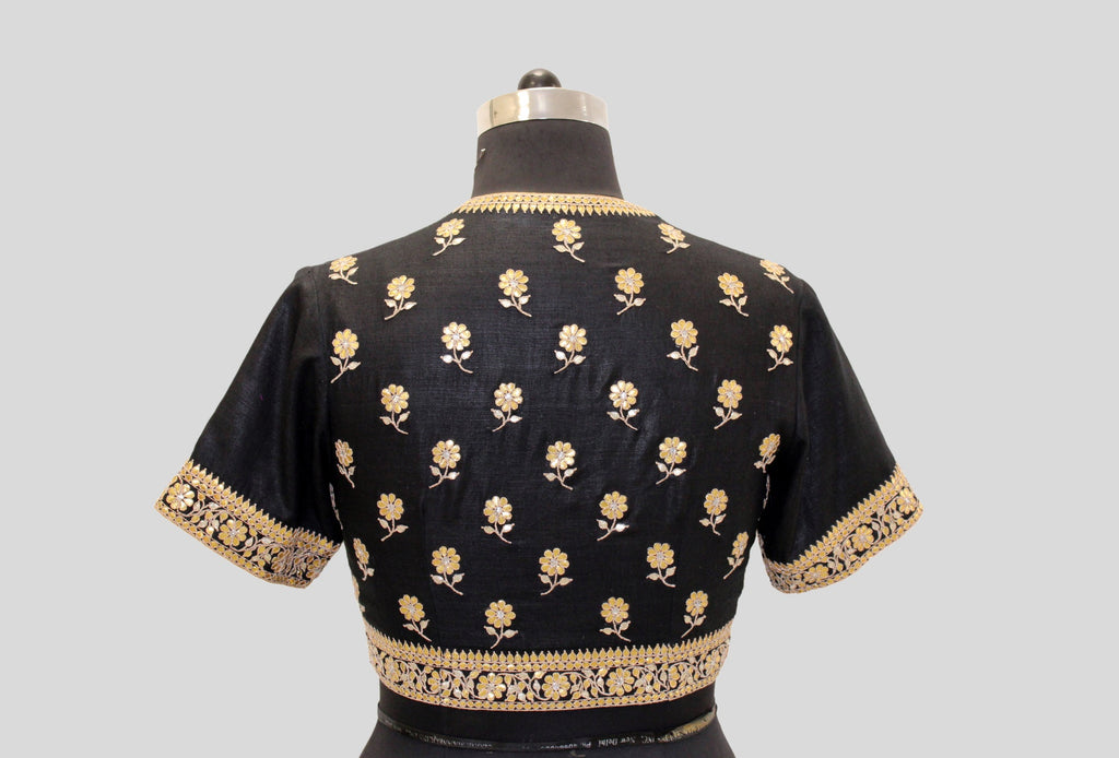 Dupion Silk Gota Patti Phool Design Black Blouse