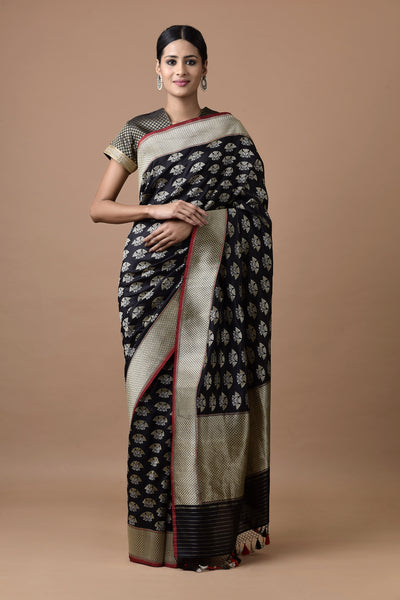 Silver Gray Woven Kanjivaram Silk Saree - Urban Womania