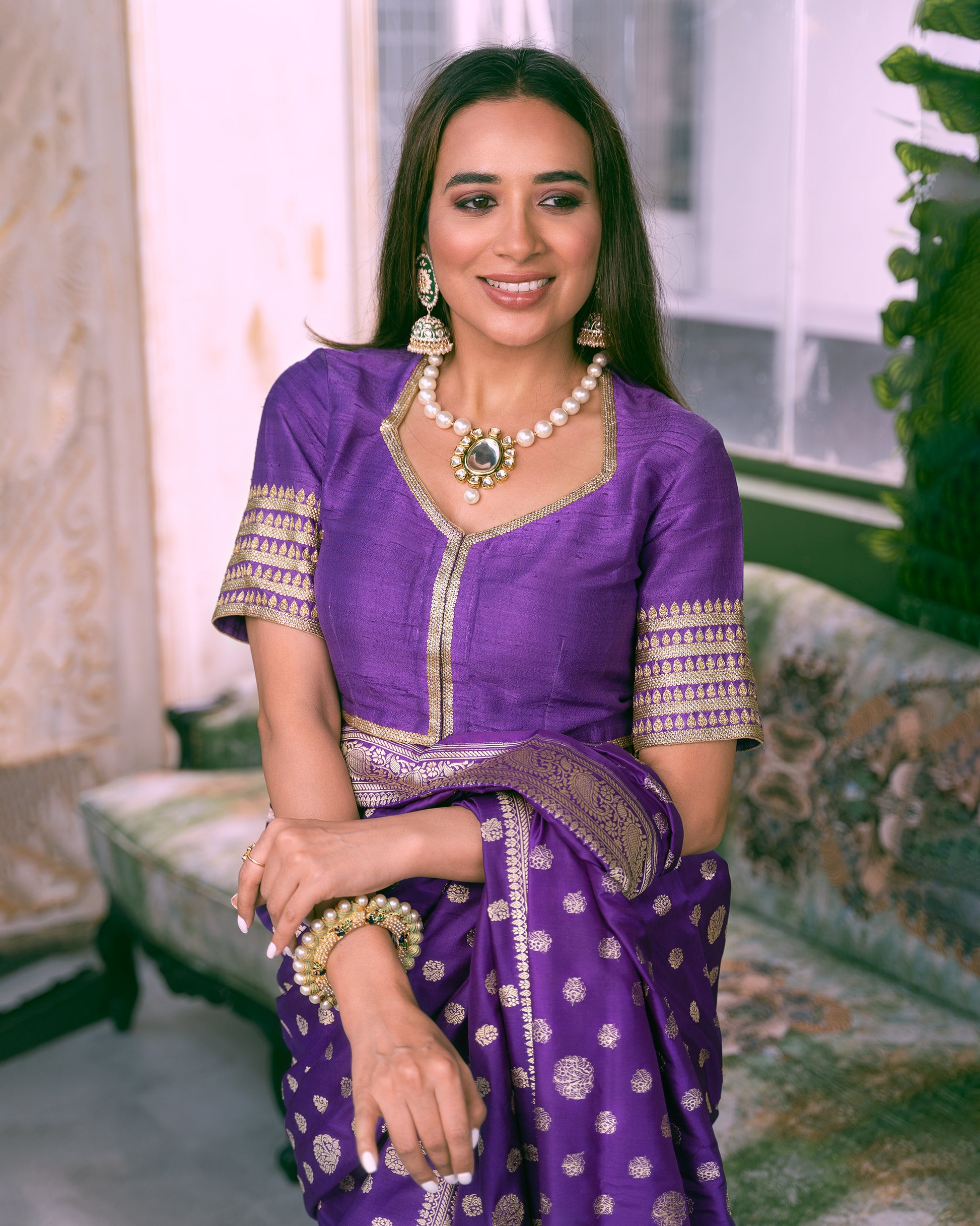 Dupion Kangoora Line Embroidery Blouse Purple