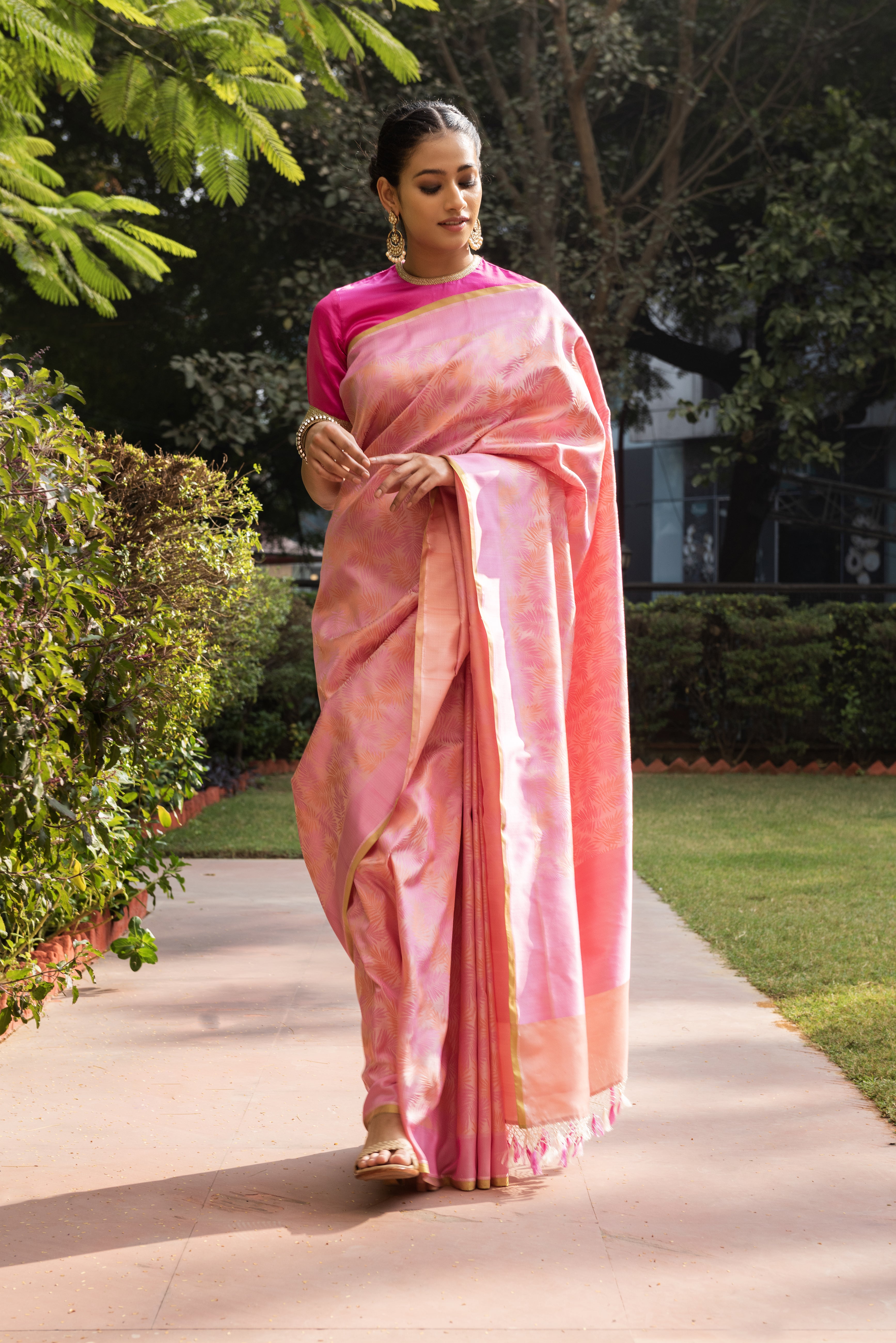 Banarasi Satin Tropical Leaf Jaal Saree