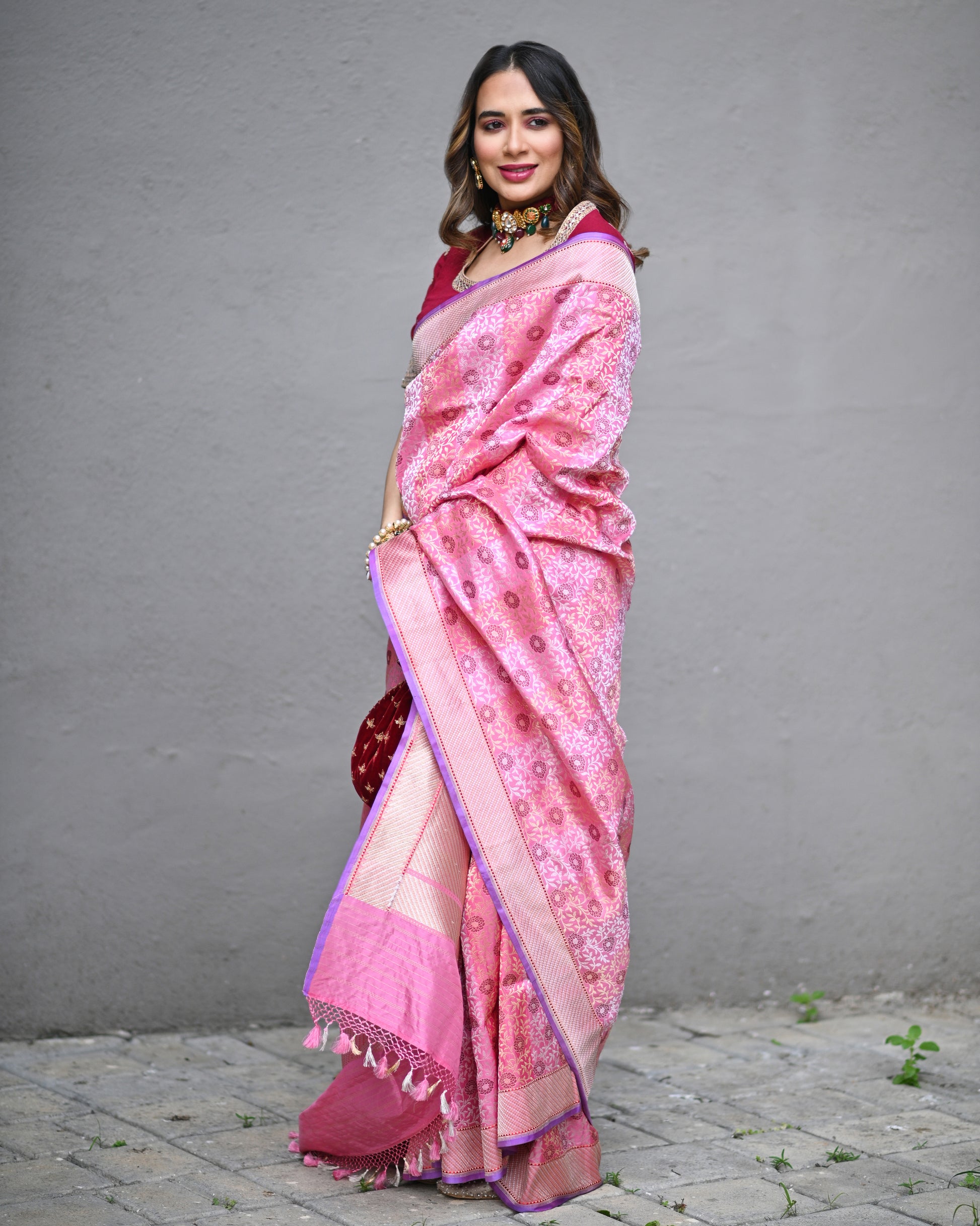 Banarasi Katan Silk Mountain Blossom Pink Saree