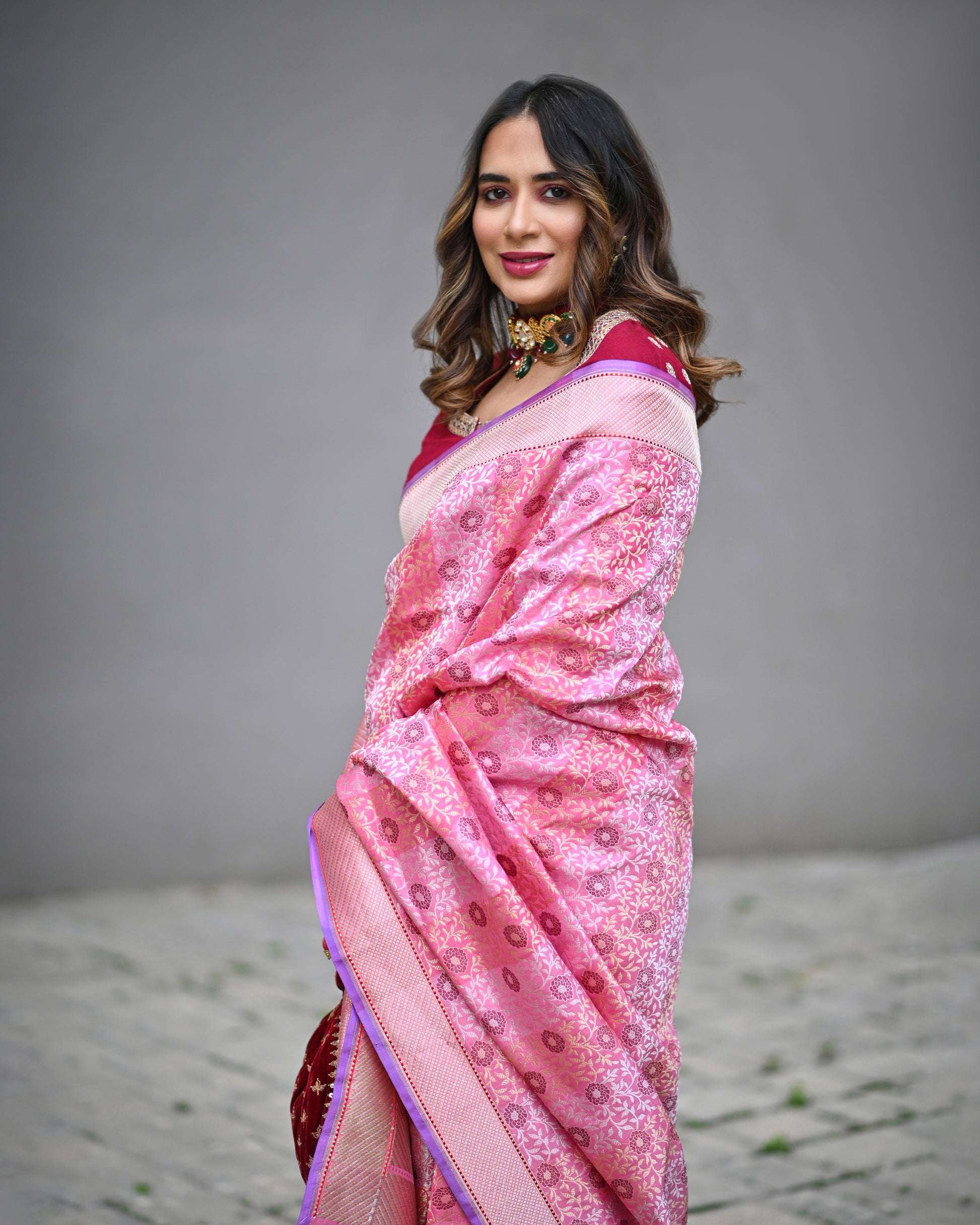 Banarasi Katan Silk Mountain Blossom Pink Saree