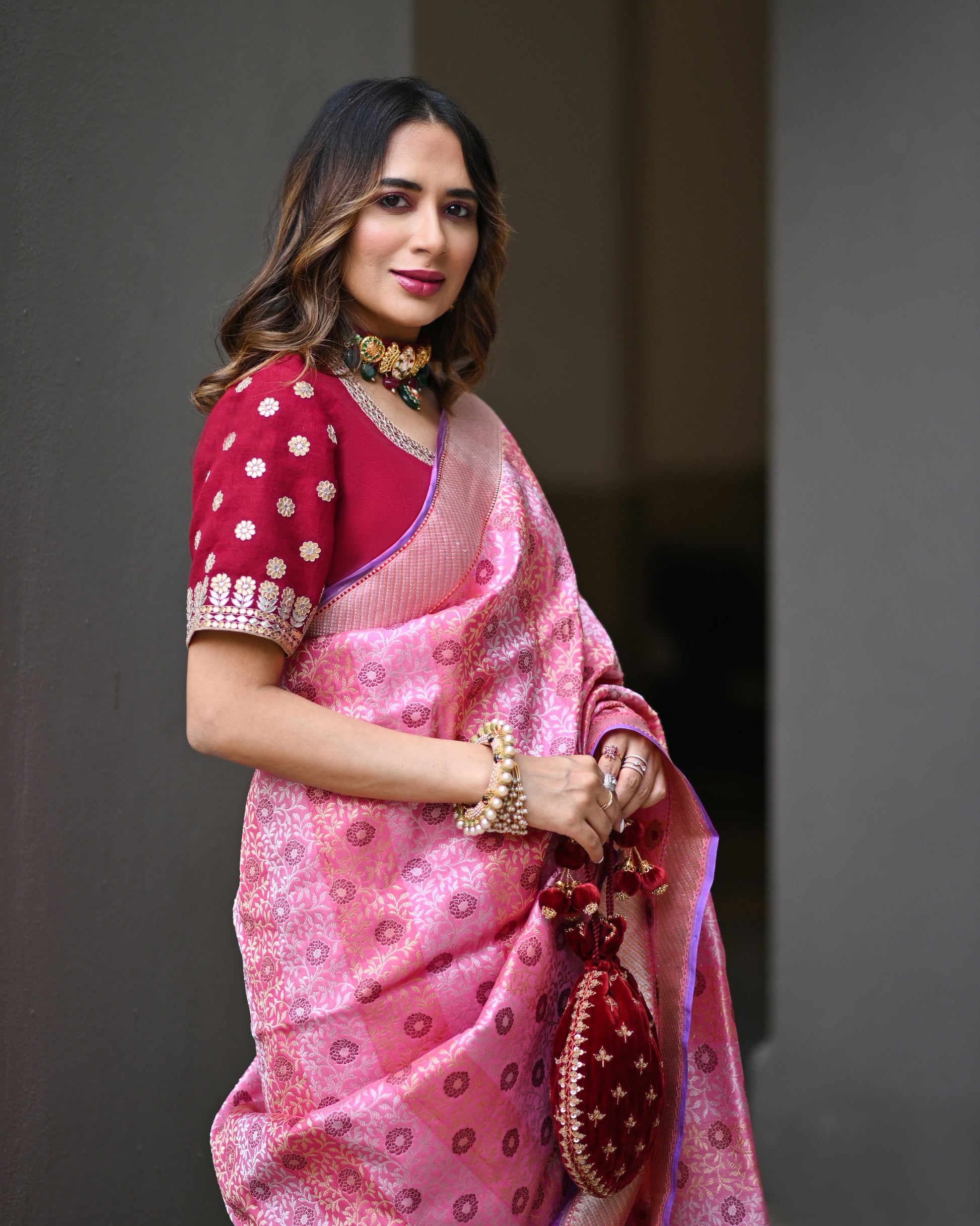 Banarasi Katan Silk Mountain Blossom Pink Saree
