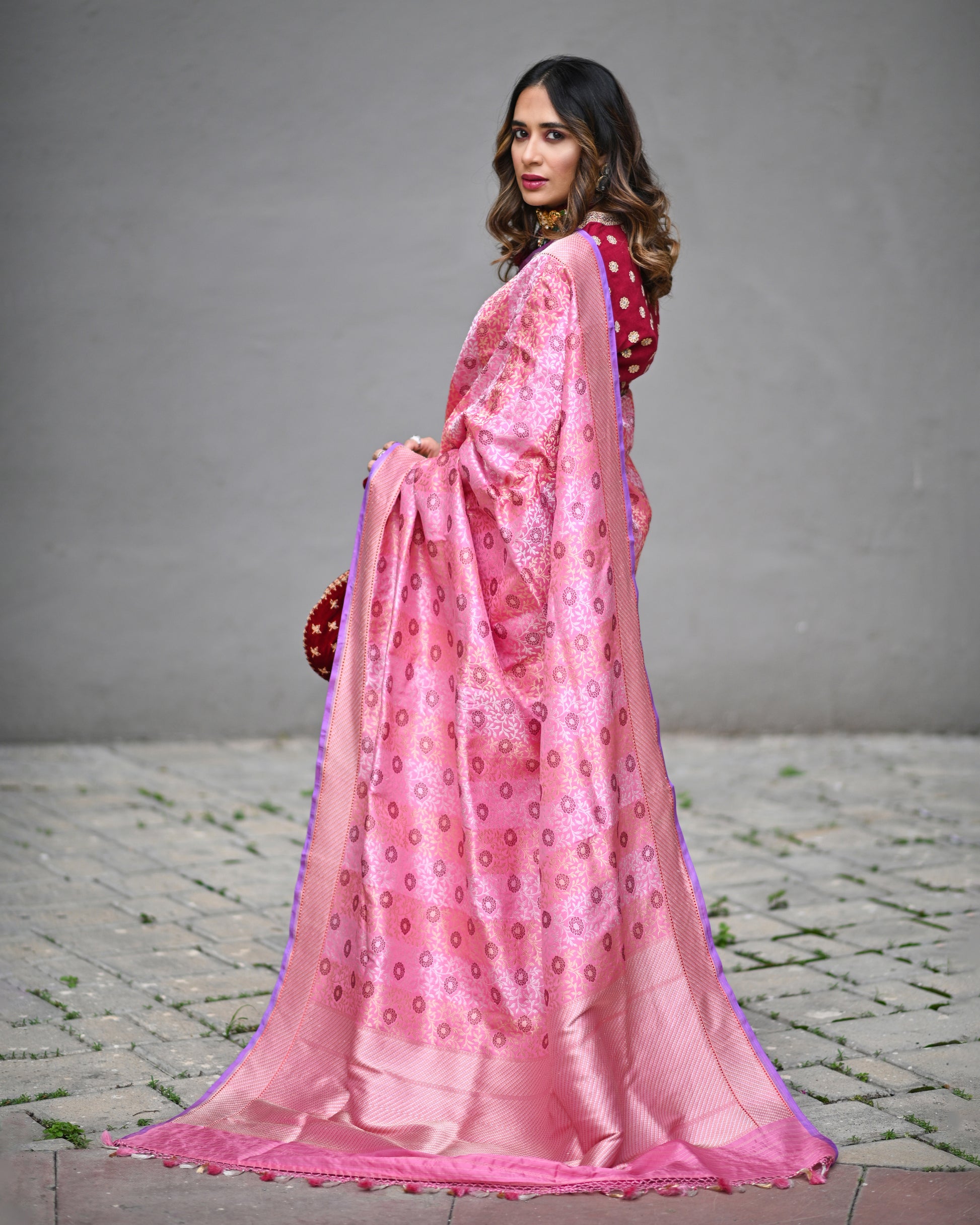 Banarasi Katan Silk Mountain Blossom Pink Saree
