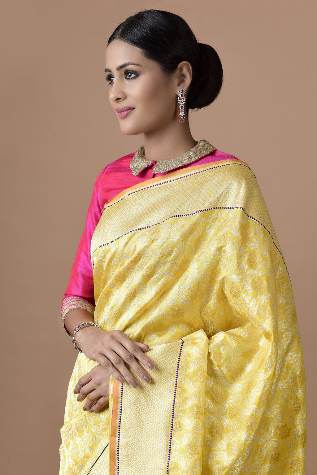 Banarasi Silk Ultakatori Jaal Yellow Saree
