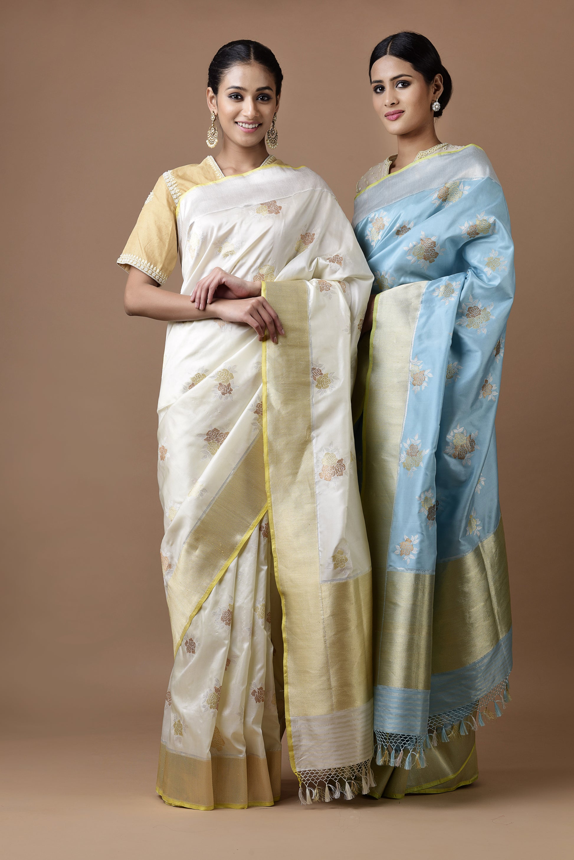 Banarasi Katan Silk Silver and Gold Cluster Roses Ivory Saree