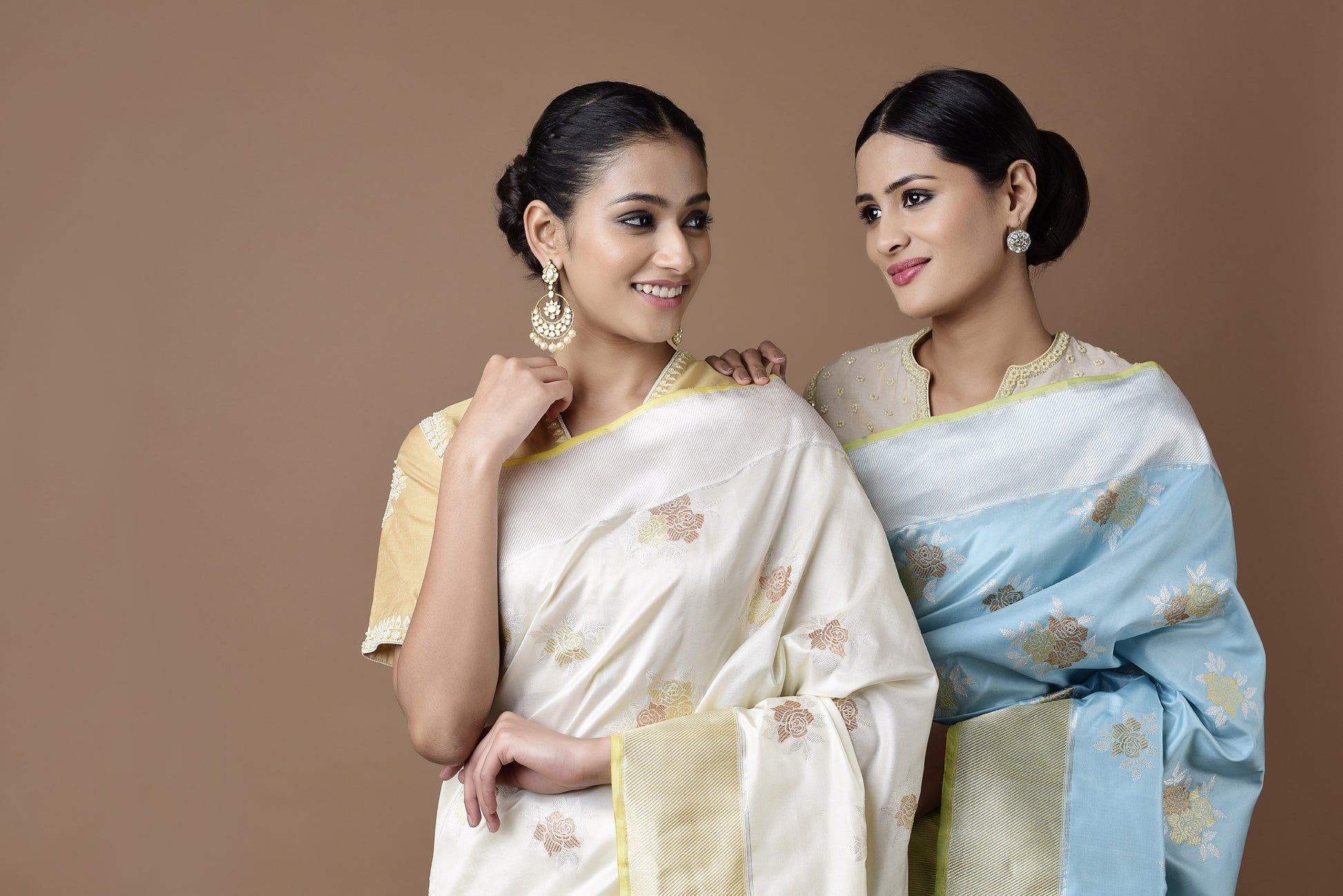 Banarasi Katan Silk Silver and Gold Cluster Roses Ivory Saree